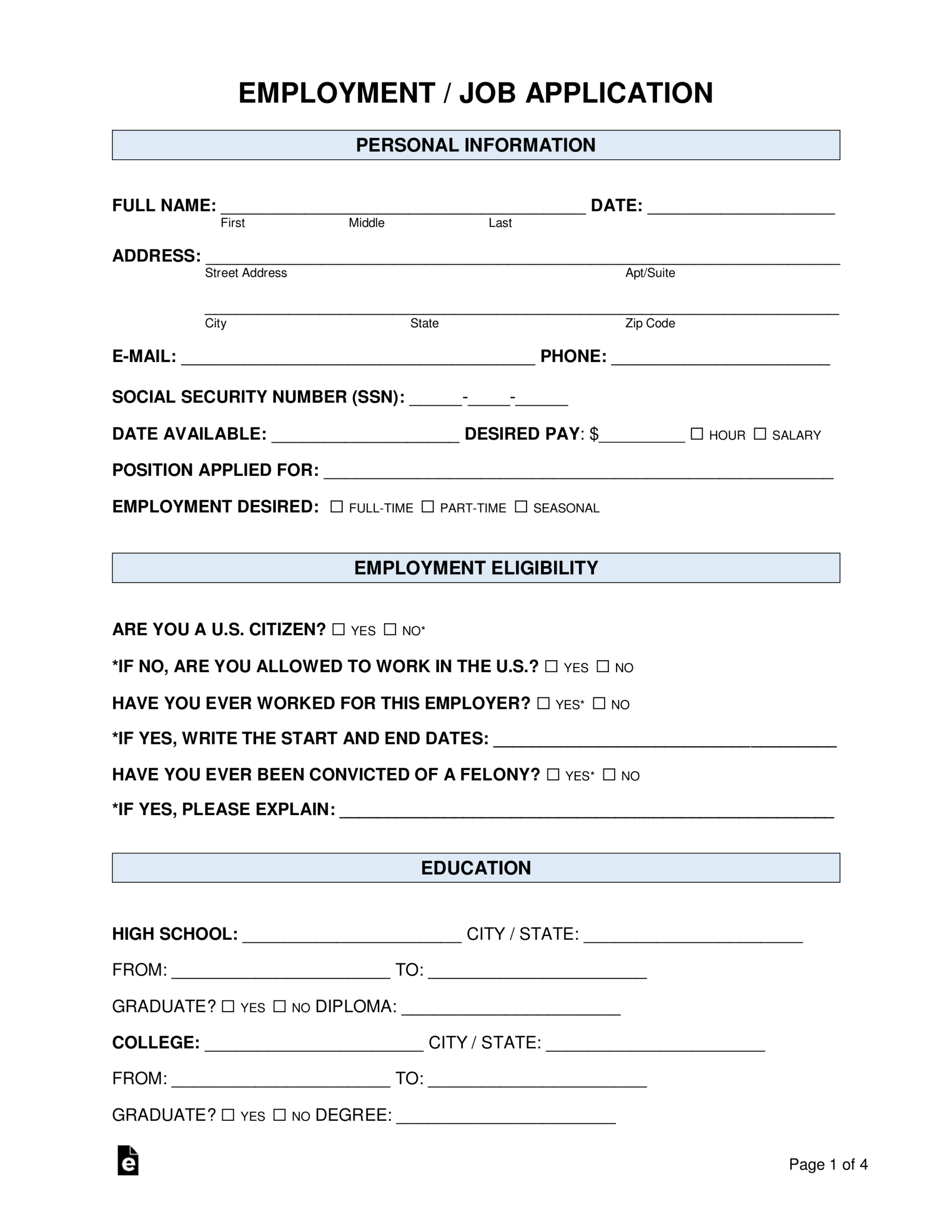 Free Job Application Forms (2) - Pdf | Word – Eforms regarding Blank Printable Applications For Employment