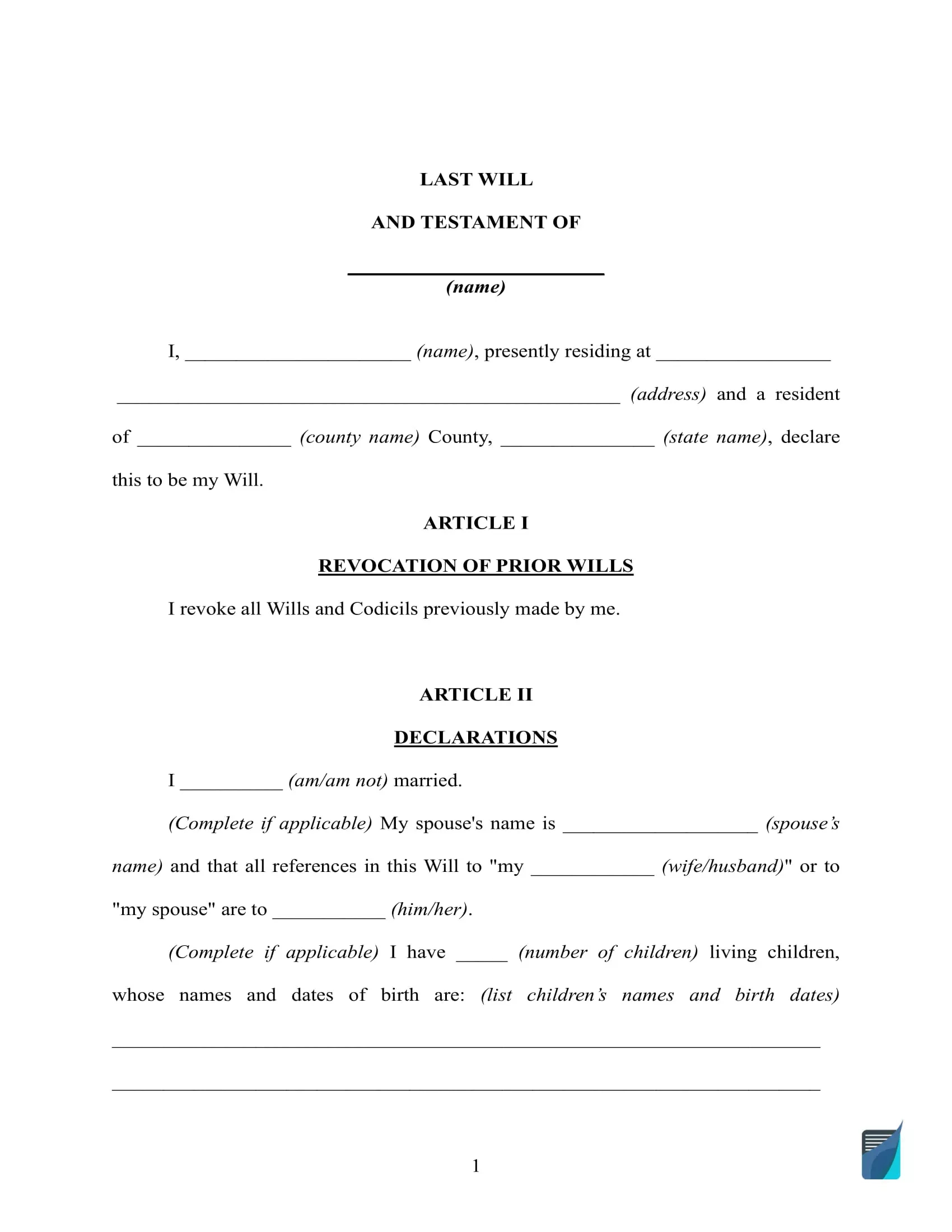 Free Last Will And Testament Template ⇒ Will Forms In Pdf And Doc regarding Printable Last Will Testament Forms