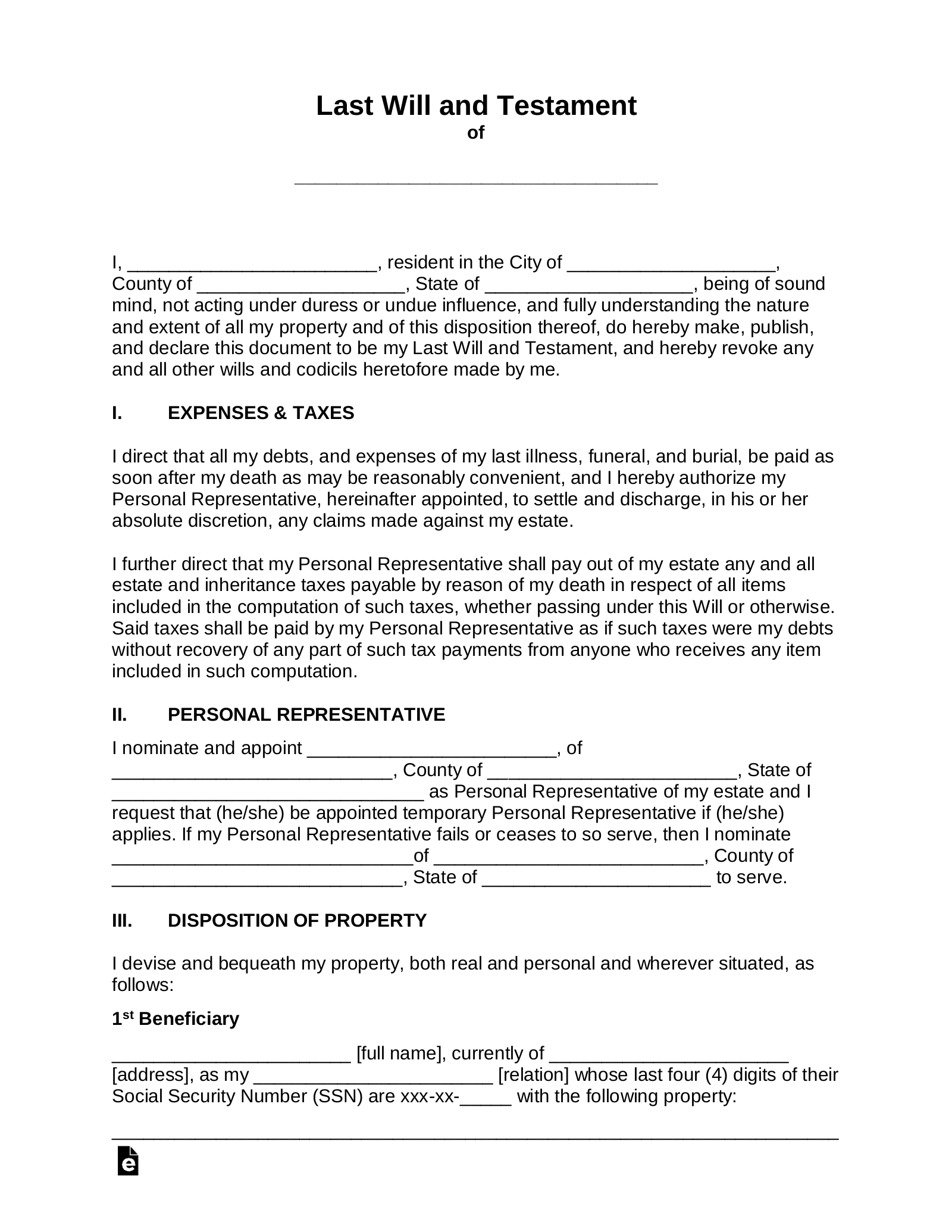Free Last Will And Testament (Will) - Pdf | Word – Eforms for Printable Last Will Testament Forms