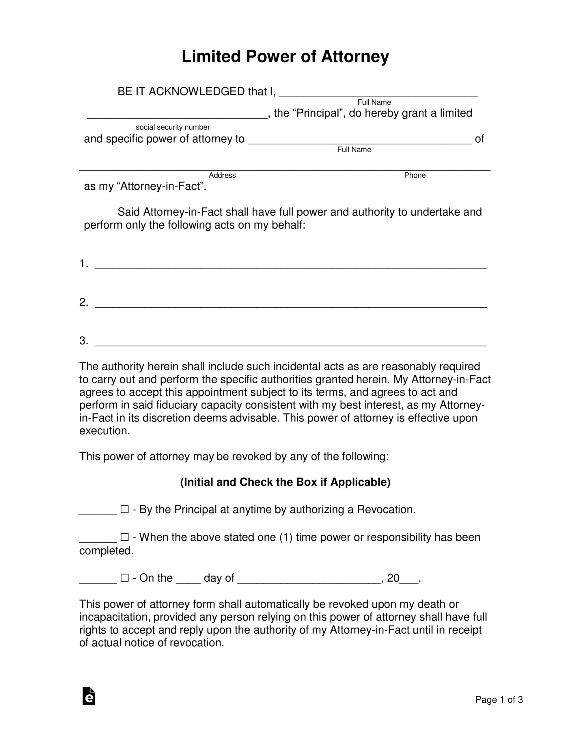 Free Limited (Special) Power Of Attorney Form - Pdf | Word – Eforms throughout Free Printable Power of Attorney Forms