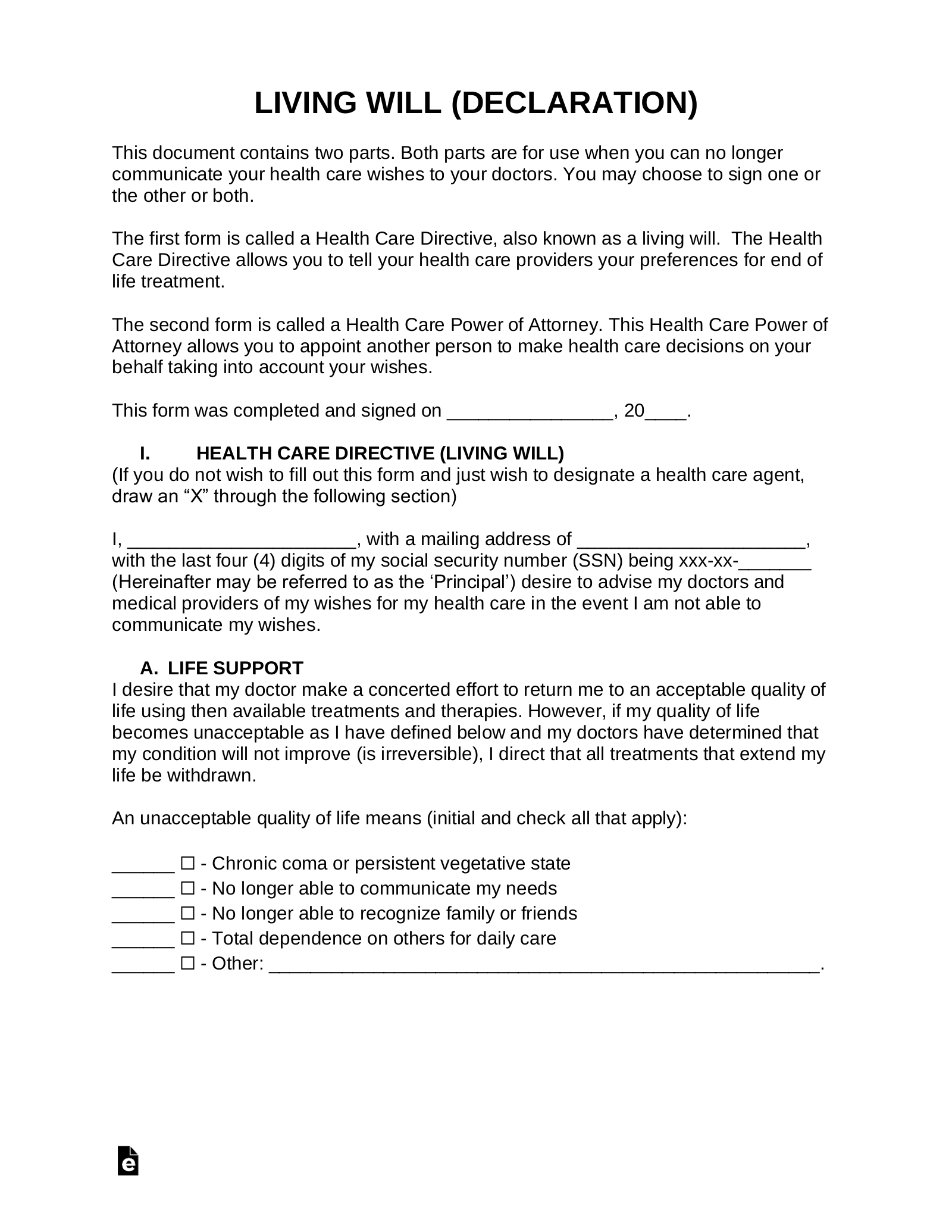 Free Living Will Form (Health Care Directive) - Pdf | Word – Eforms in Printable Blank Living Will Form