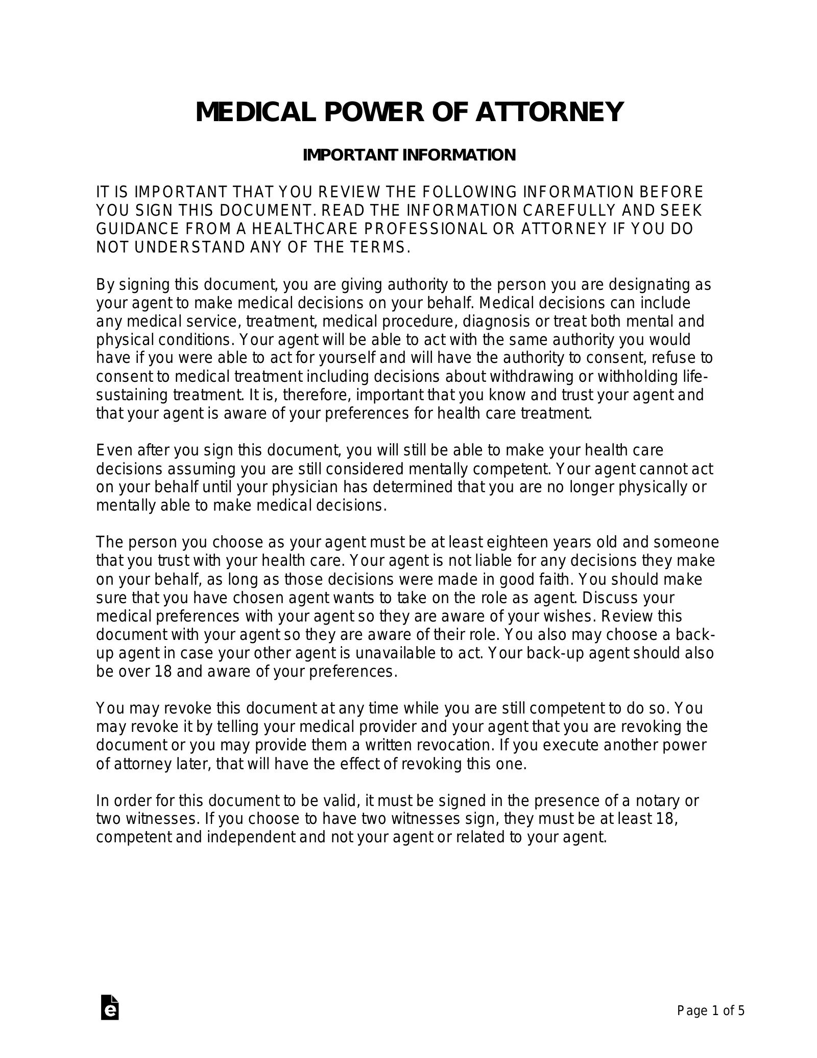 Free Medical Power Of Attorney (Mpoa) Form - Pdf | Word – Eforms for Medical Power Of Attorney Printable