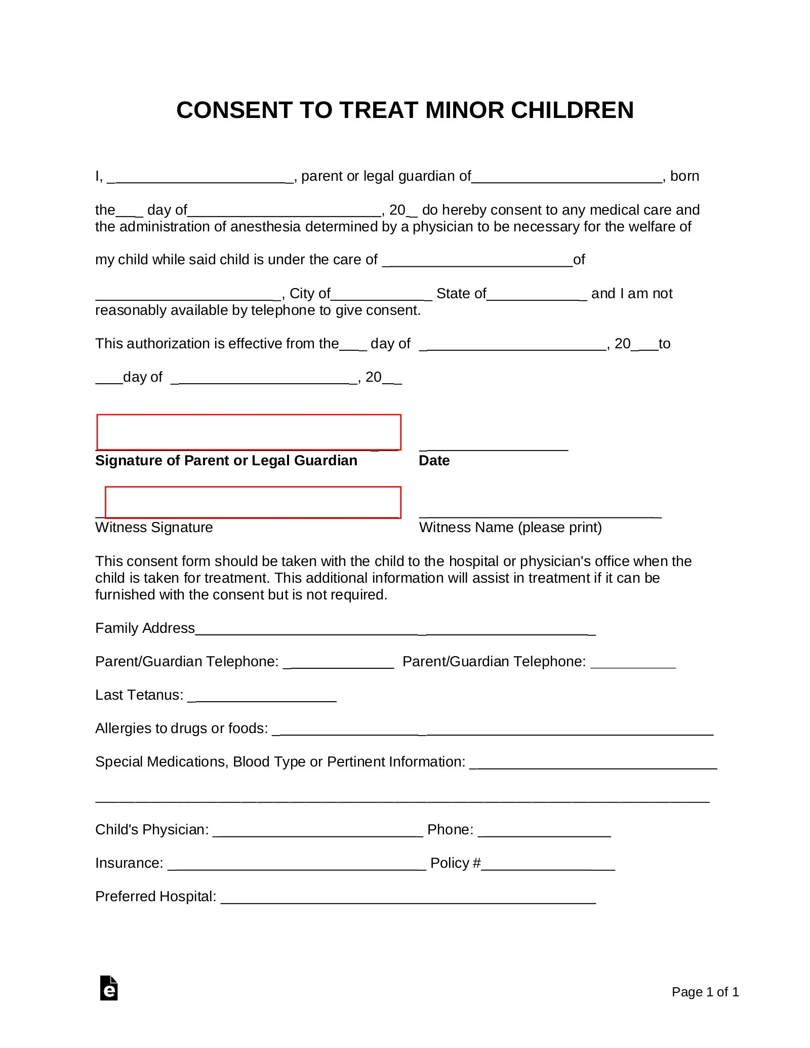 Free Minor (Child) Medical Consent Form - Pdf | Word – Eforms inside Basic Printable Medical Consent Form For Minor