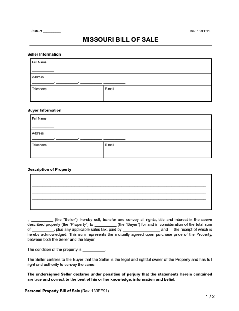Free Missouri Bill Of Sale Forms | Printable Pdf &amp;amp; Word with Printable Bill Of Sale Missouri