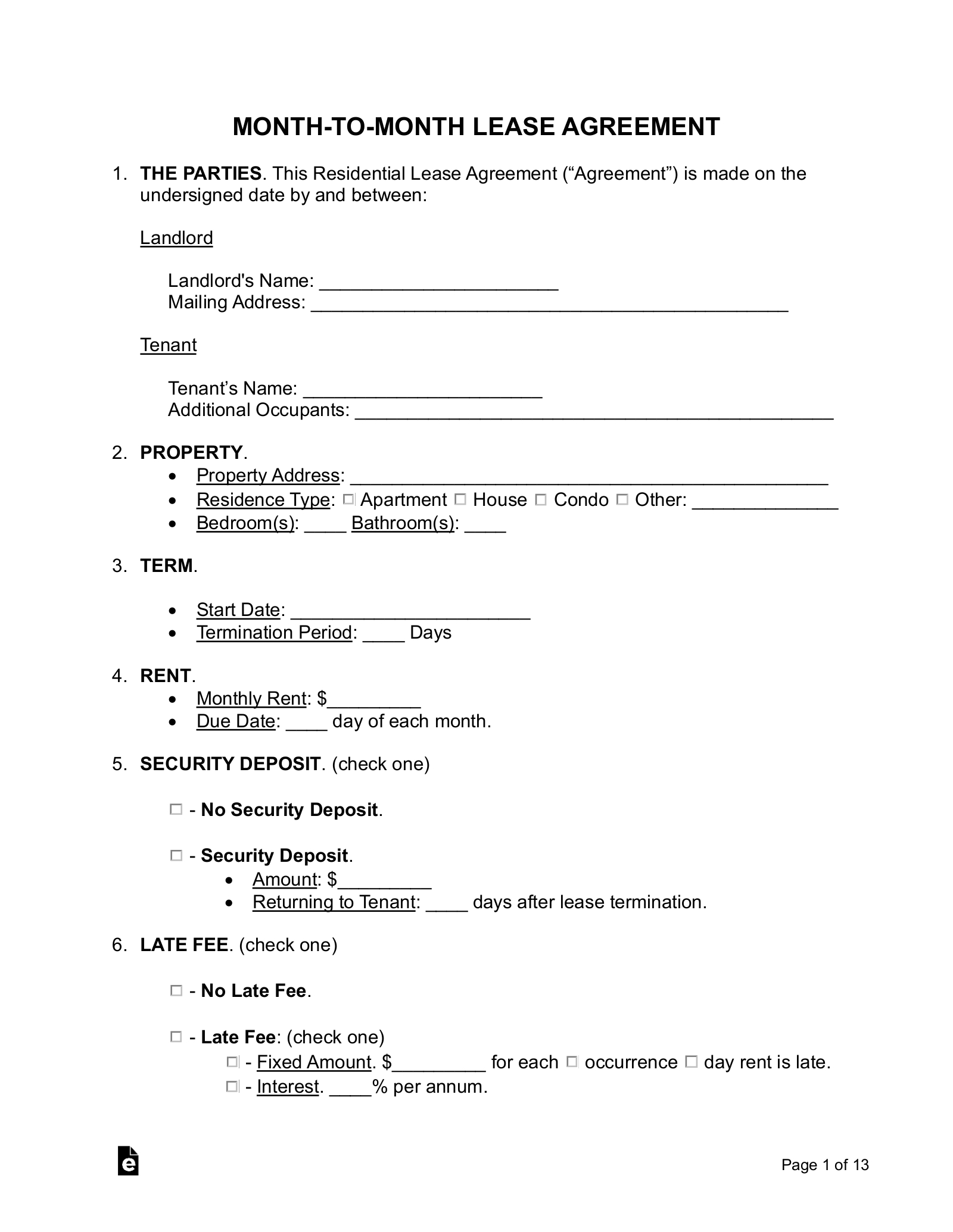 Free Month-To-Month Lease Agreement Template - Pdf | Word – Eforms pertaining to Free Printable Simple Rental Agreement