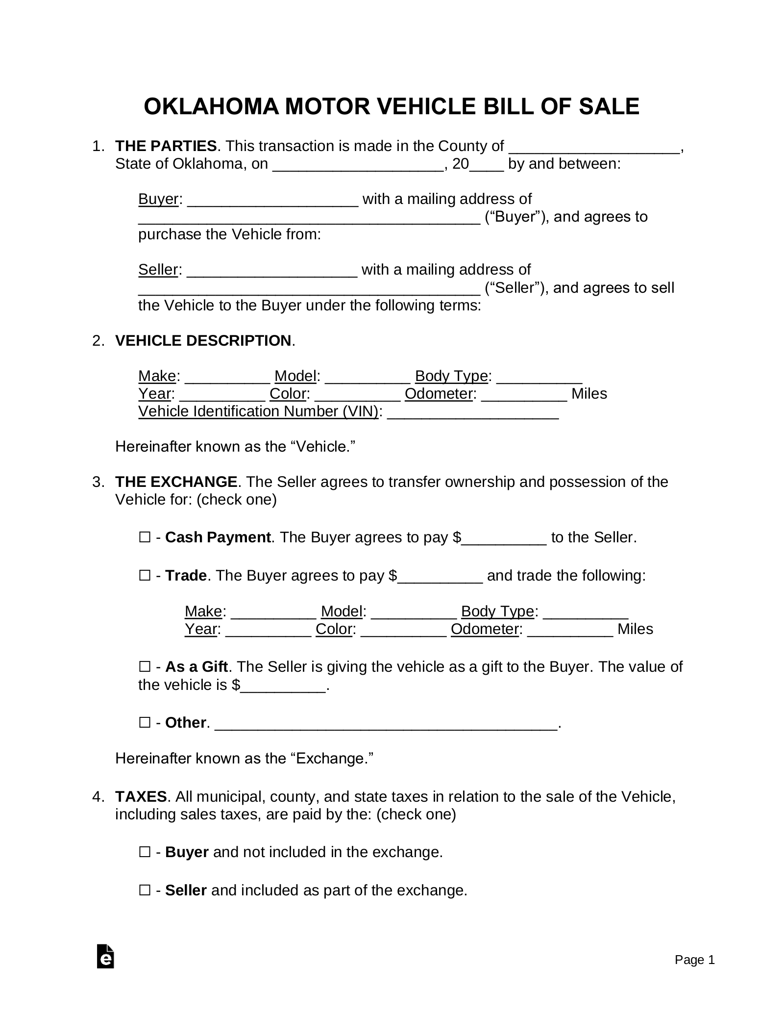 Free Oklahoma Bill Of Sale Forms (4) - Pdf | Word – Eforms with regard to Printable Bill Of Sale Oklahoma