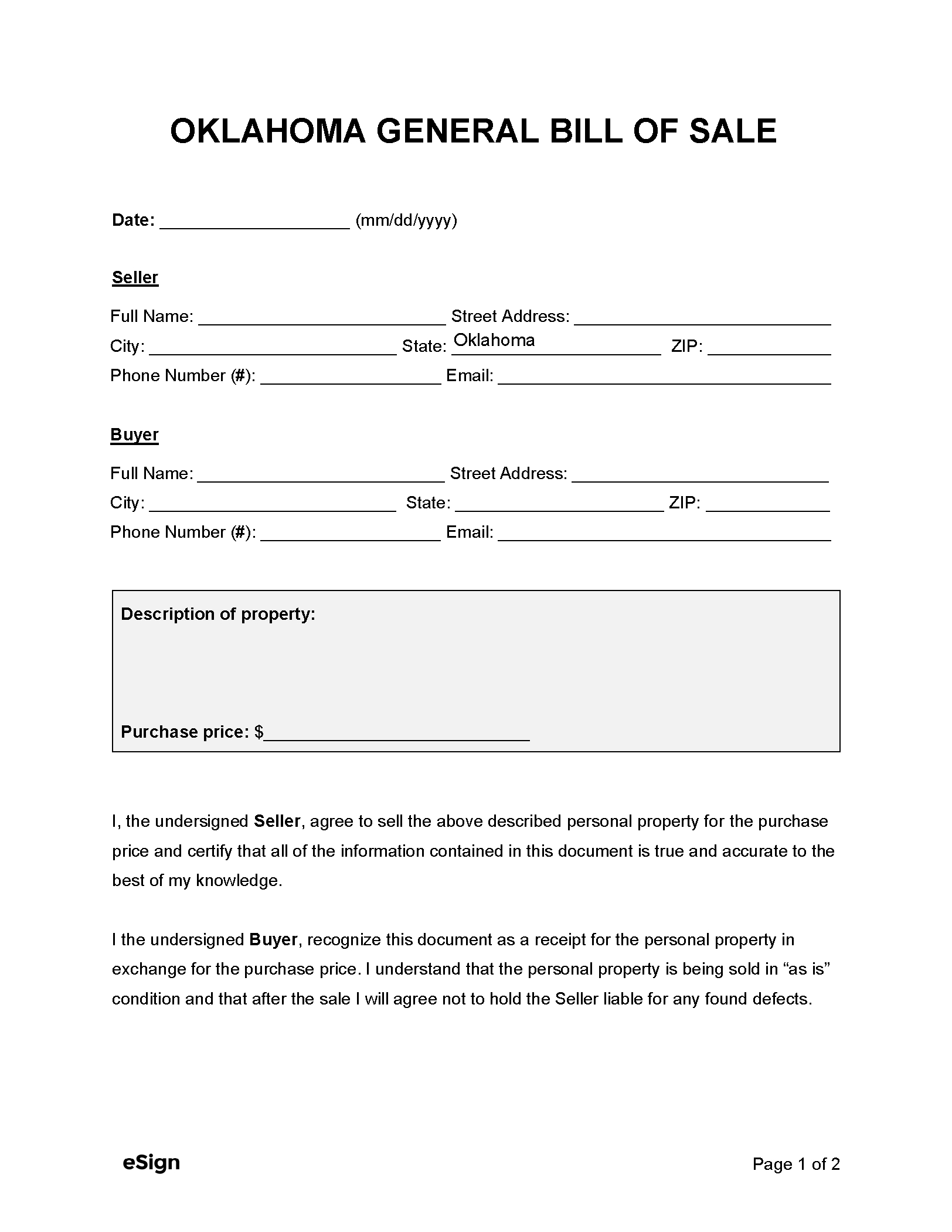 Free Oklahoma Bill Of Sale Forms | Pdf | Word within Printable Bill of Sale Oklahoma