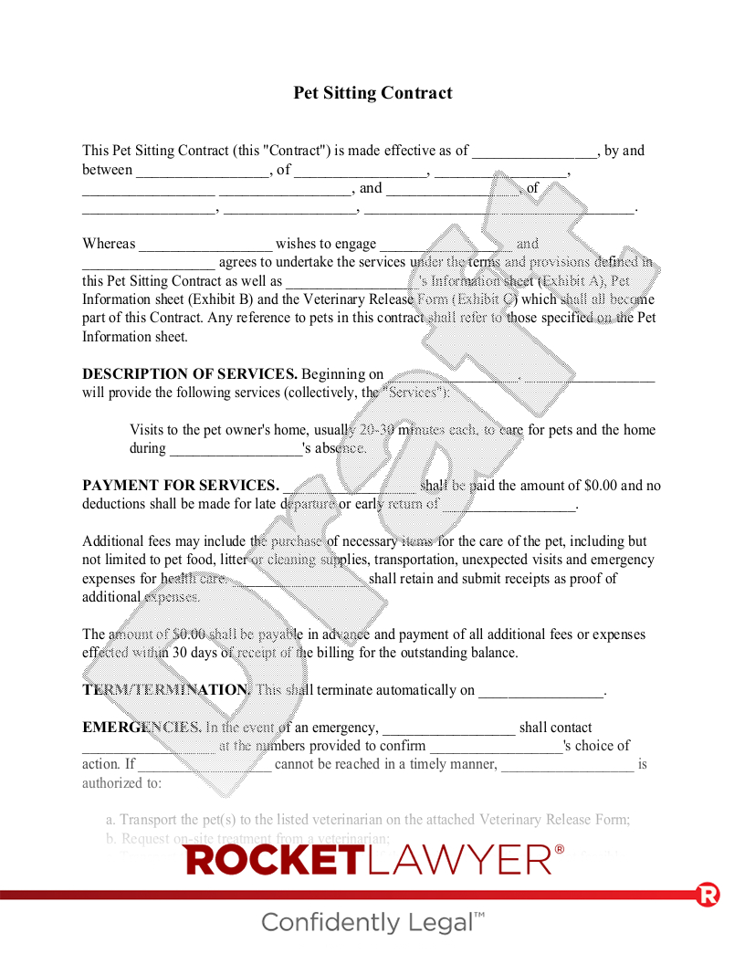 Free Pet Sitting Contract: Make & Download - Rocket Lawyer in Free Printable Pet Sitting Contract