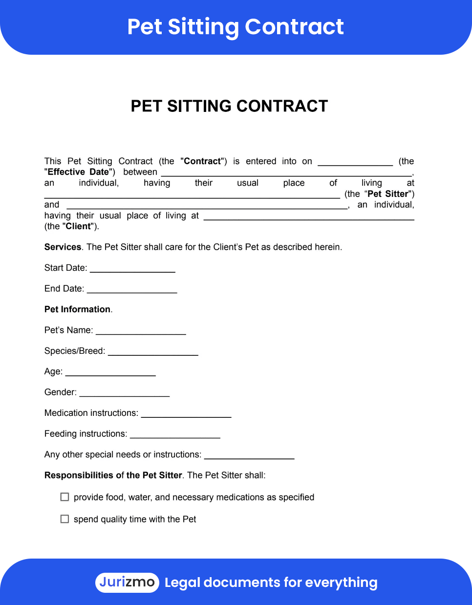 Free Pet Sitting Contract Template | Pdf, Word | Jurizmo for Free Printable Pet Sitting Contract