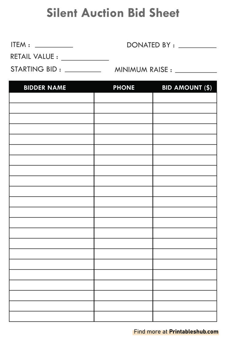 Free Printable Blank Silent Auction Bid Sheet Template Pdf pertaining to Free Printable Silent Auction Bid Sheets