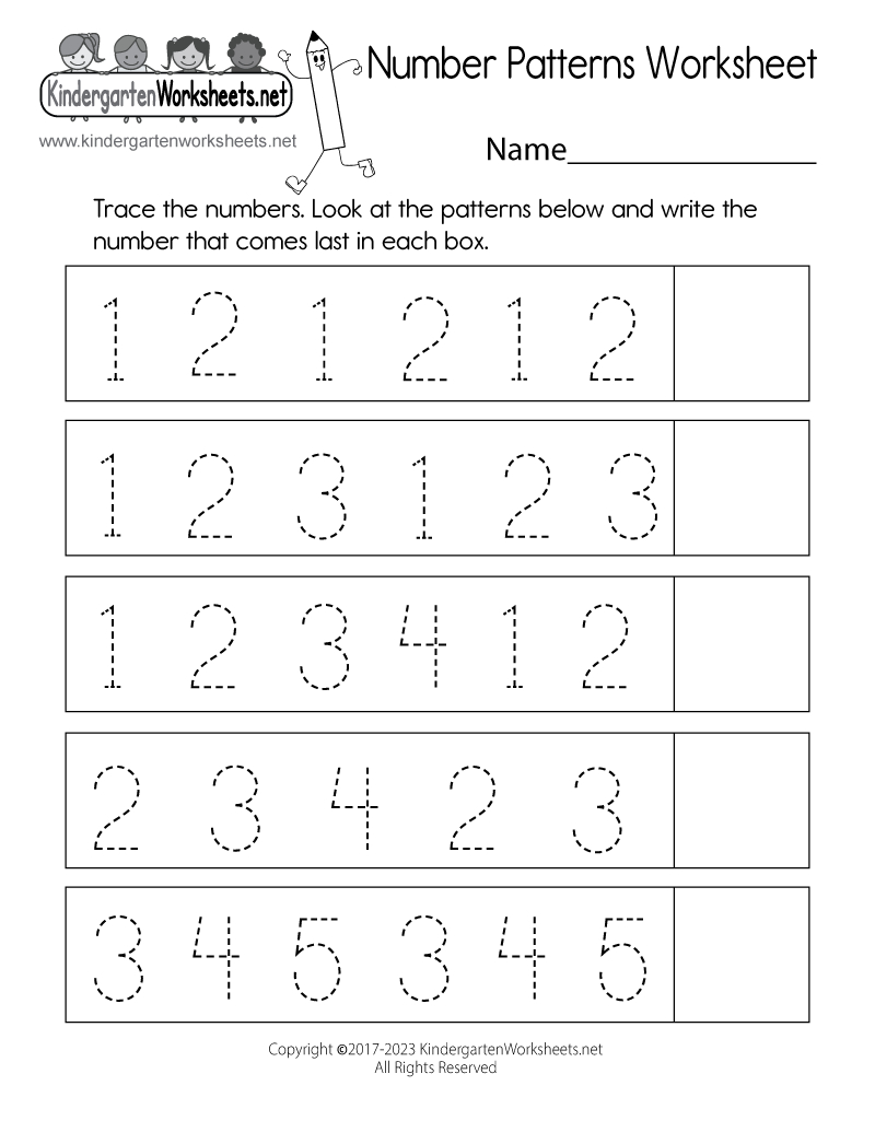 Free Printable Number Patterns Worksheet throughout Free Printable Pattern Worksheets For Kindergarten
