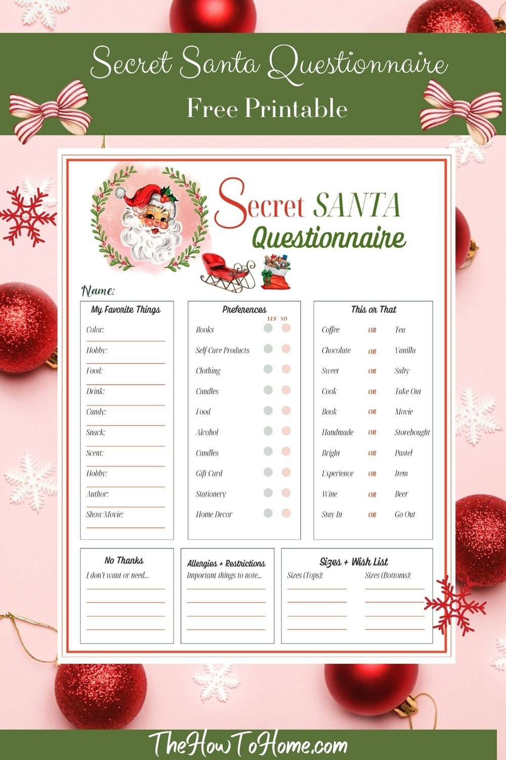 Free Secret Santa Questionnaire Printable: Instant Download - The in Free Printable Secret Santa Questions