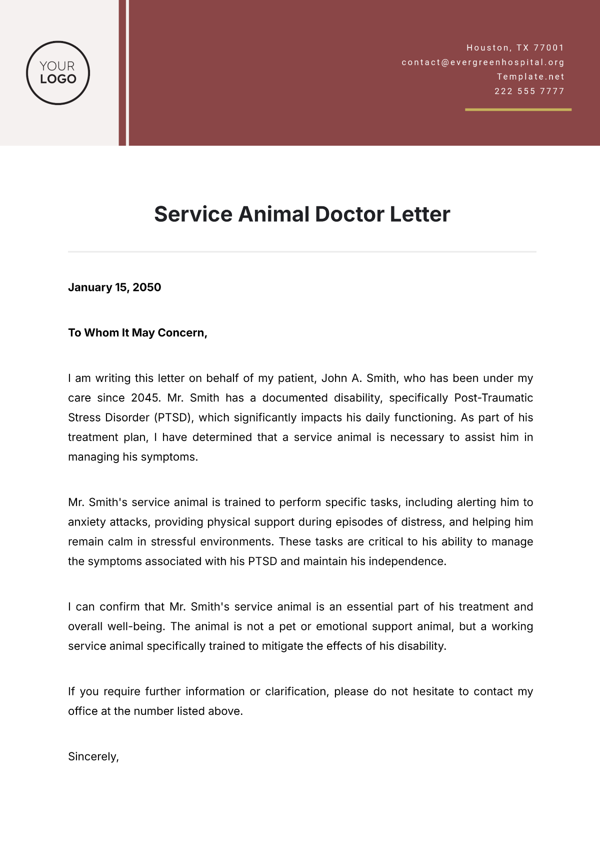 Free Service Animal Doctor Letter Template To Edit Online with Doctor Printable Free Emotional Support Animal Letter