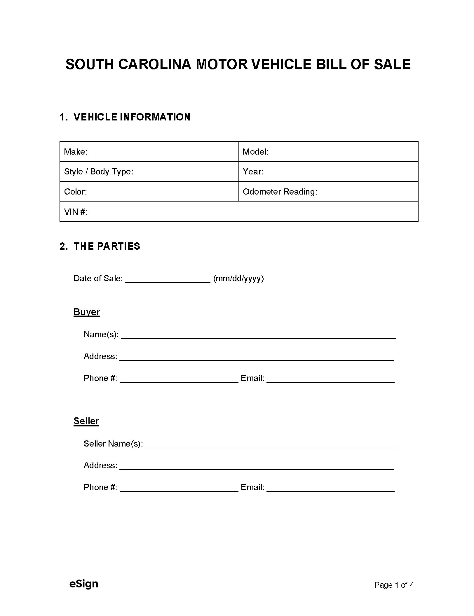 Free South Carolina Motor Vehicle Bill Of Sale Form | Pdf | Word inside Printable Bill Of Sale Sc