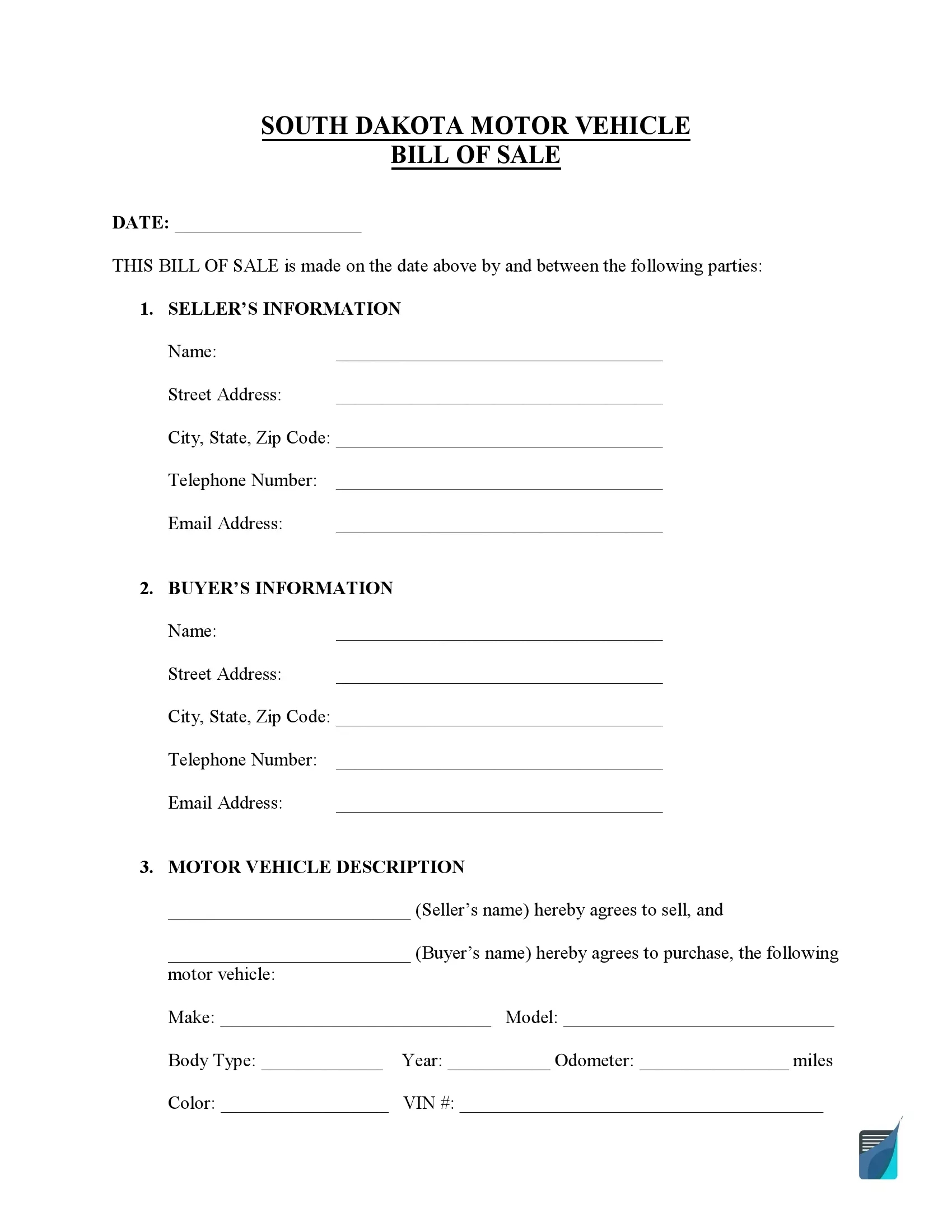 Free South Dakota Bill Of Sale Forms (Pdf) | Formspal regarding Printable Bill Of Sale South Dakota
