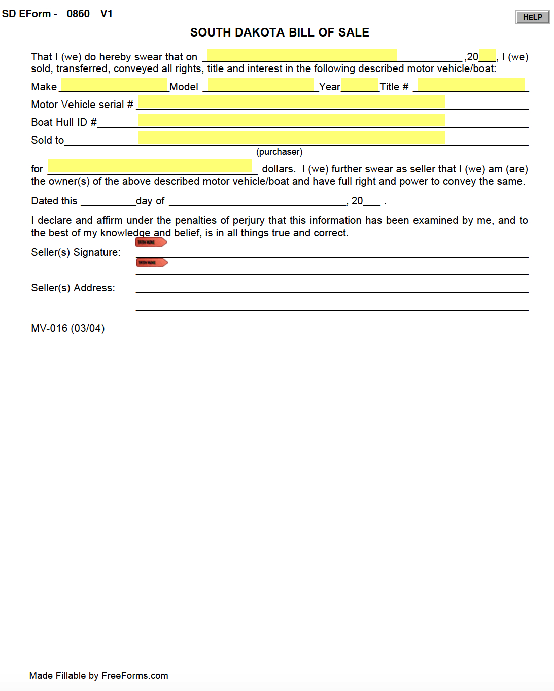 Free South Dakota Bill Of Sale Forms | Pdf within Printable Bill Of Sale South Dakota