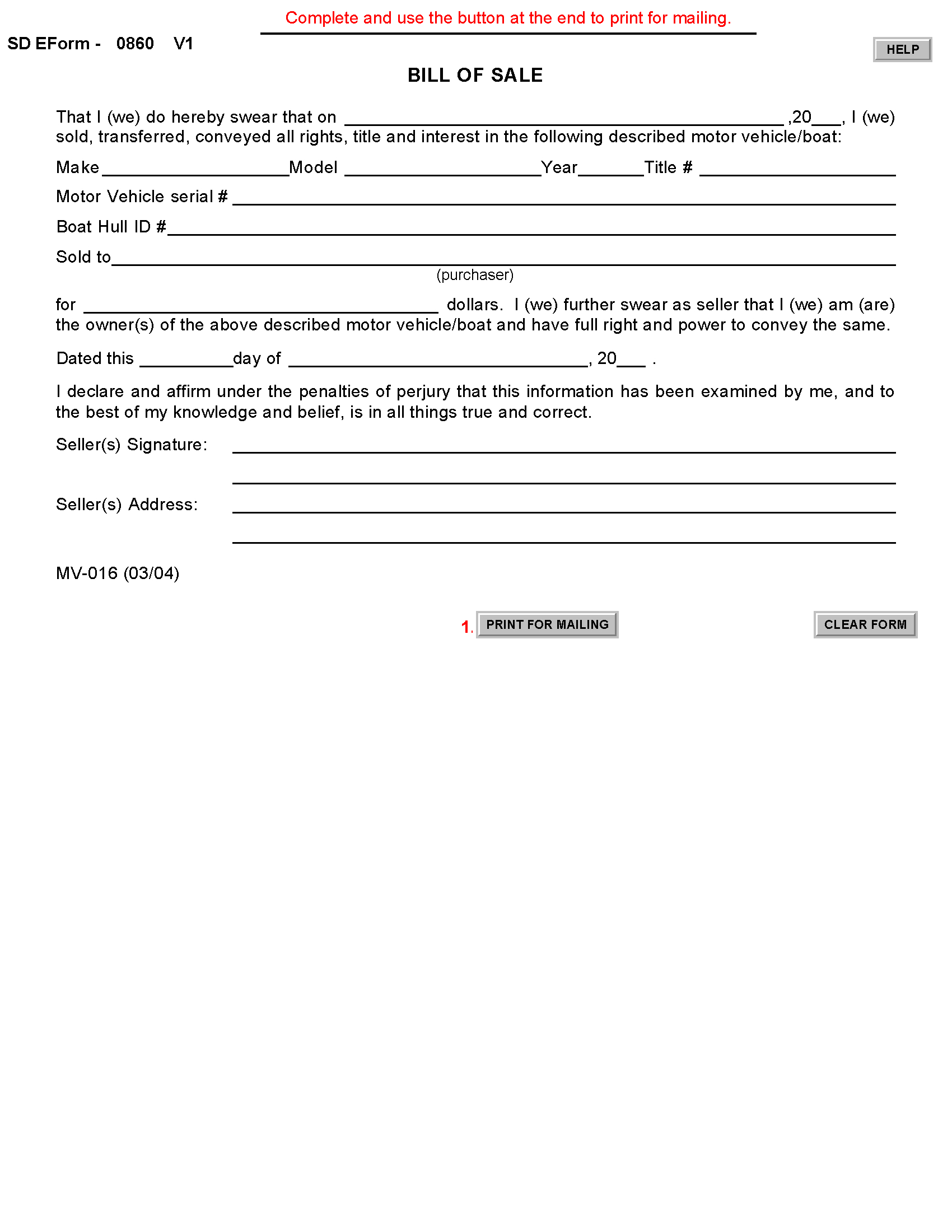 Free South Dakota Motor Vehicle Bill Of Sale Form | Pdf with Printable Bill Of Sale South Dakota