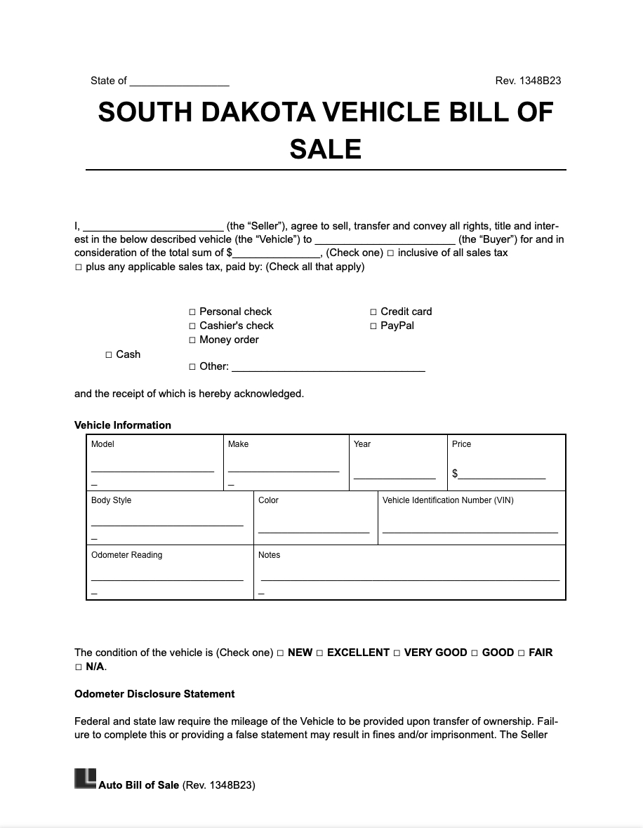 Free South Dakota Vehicle Bill Of Sale Form | Pdf & Word throughout Printable Bill Of Sale South Dakota