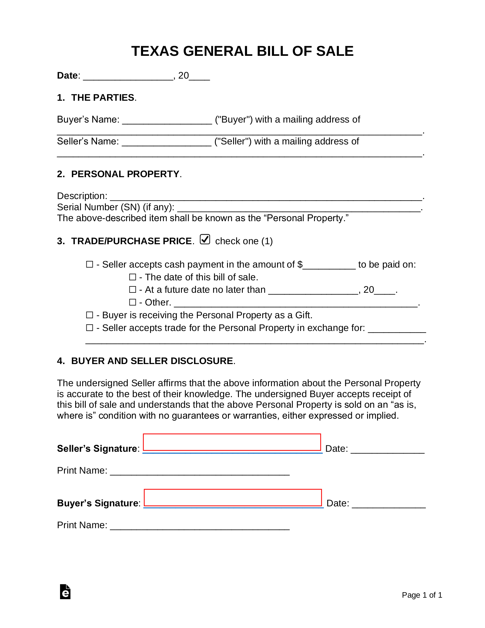 Free Texas General Bill Of Sale Form - Pdf | Word – Eforms with Texas Bill Of Sale Printable