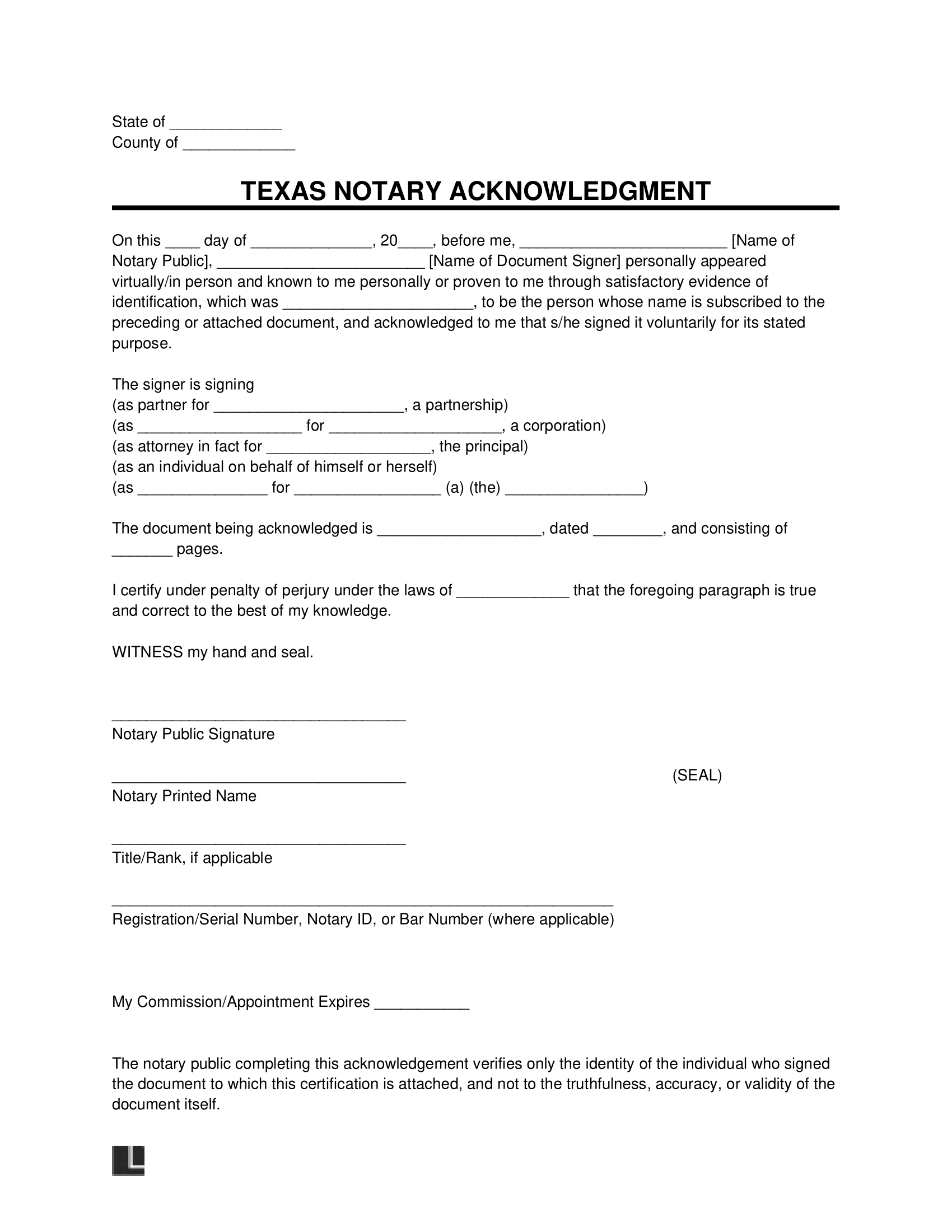 Free Texas Notary Acknowledgment Form | Pdf & Word with regard to Free Printable Notary Forms Texas