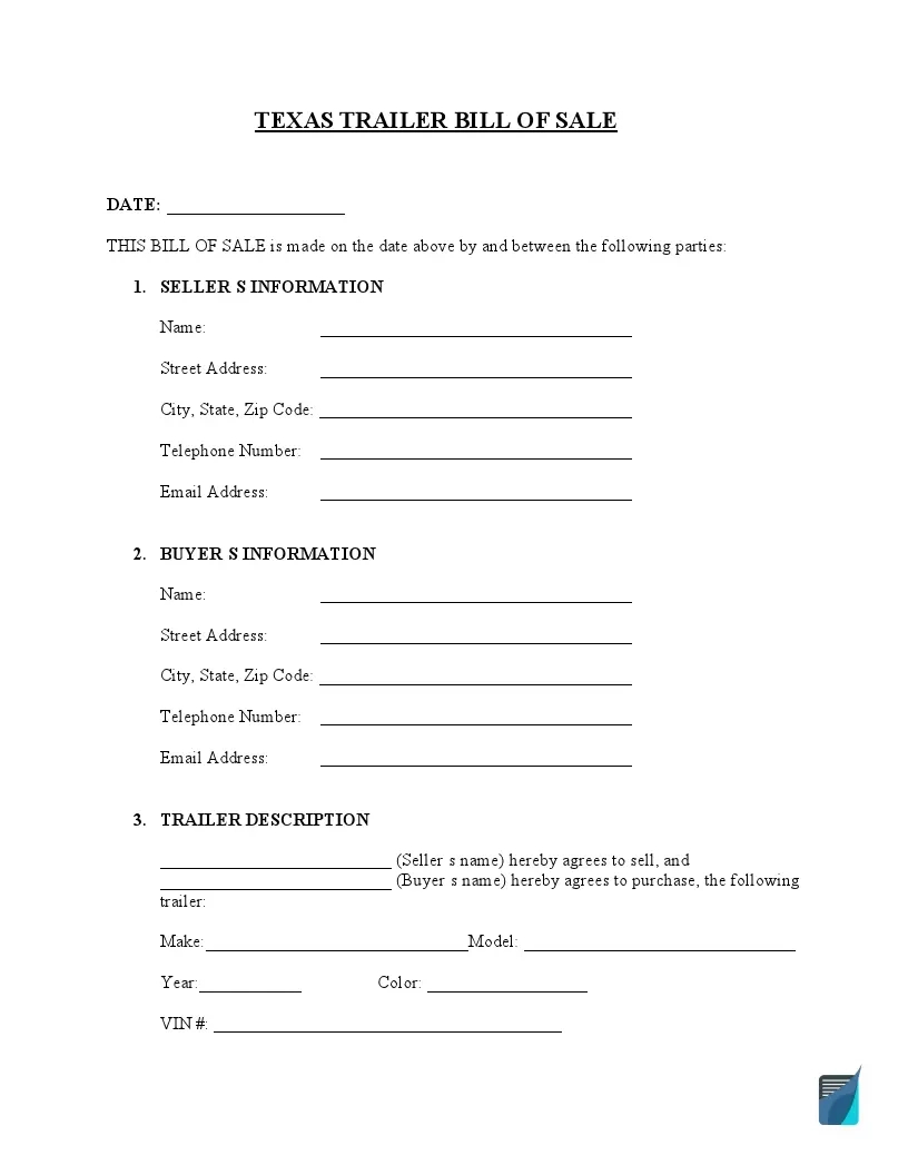 Free Texas Trailer Bill Of Sale Form (Pdf) | Formspal for Texas Trailer Bill of Sale Printable