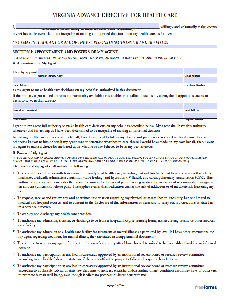 Free Virginia Advance Directive Form (Medical Poa & Living Will) | Pdf inside Virginia Advance Directive Printable Form