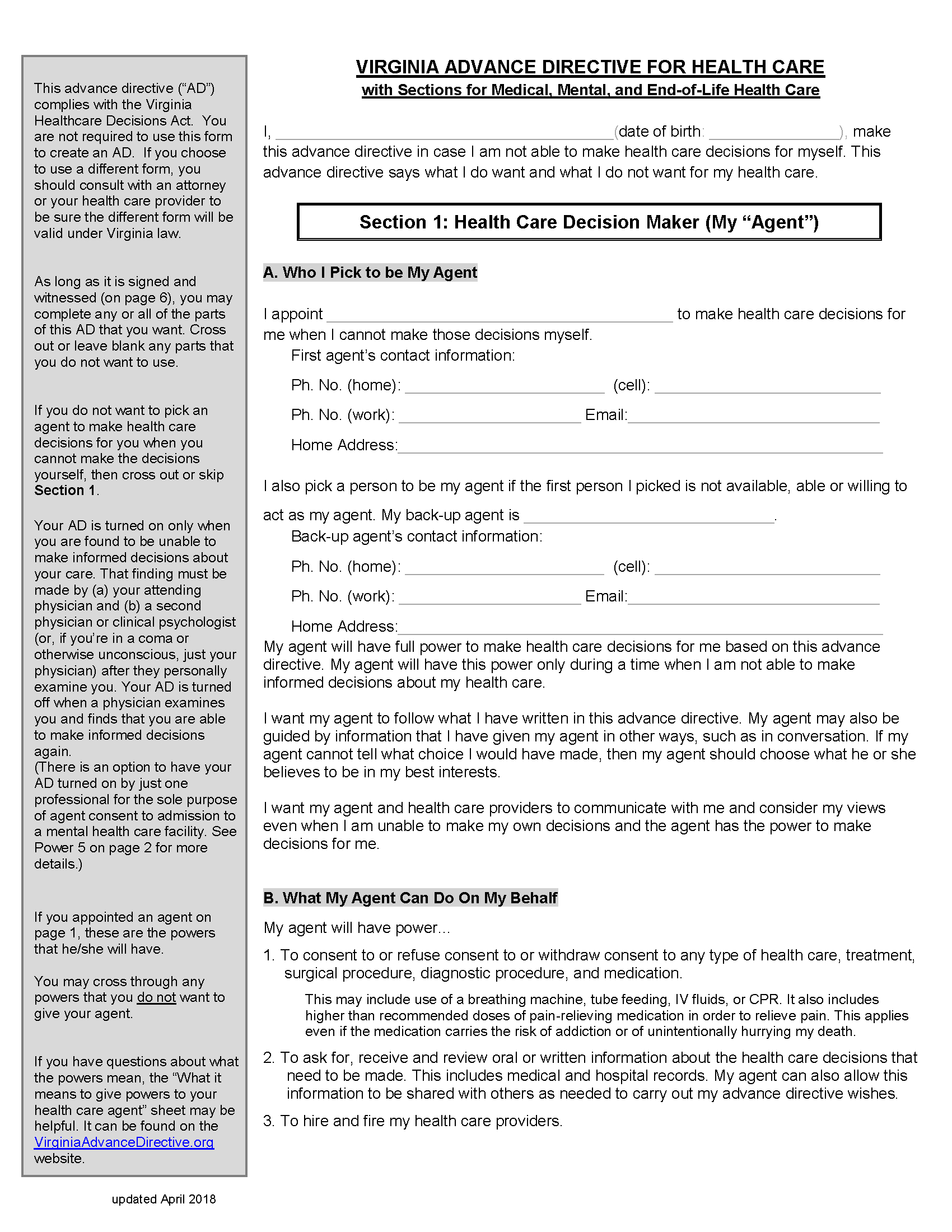 Free Virginia Advance Directive Form | Pdf with regard to Virginia Advance Directive Printable Form