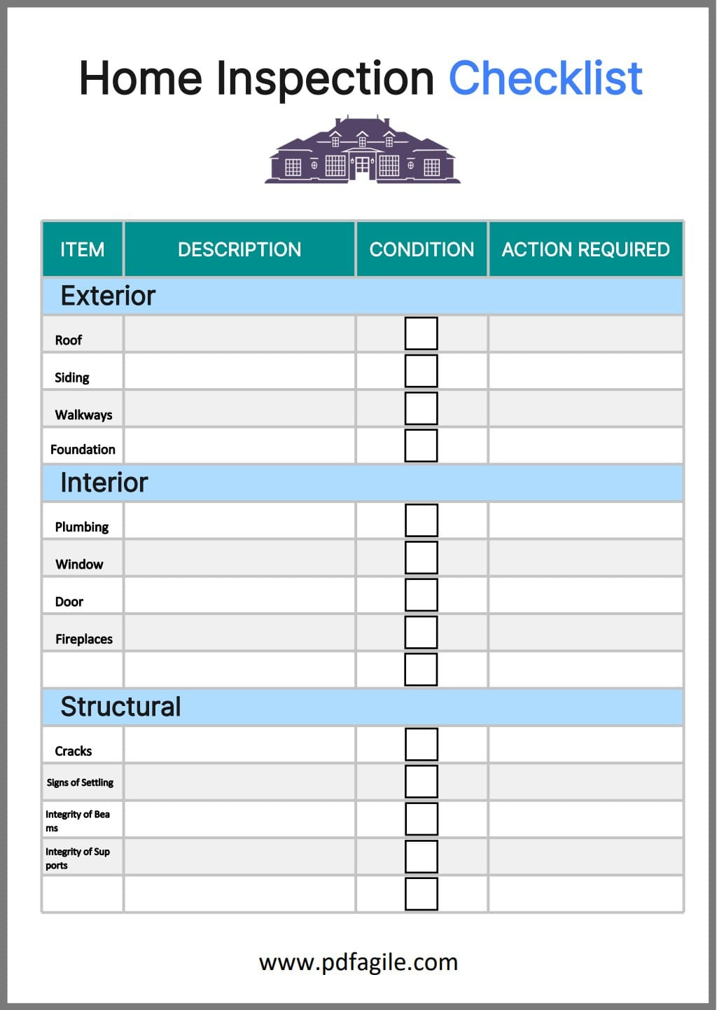 Home Inspection Checklist Template | Pdf Agile for Printable Home Inspection Checklist