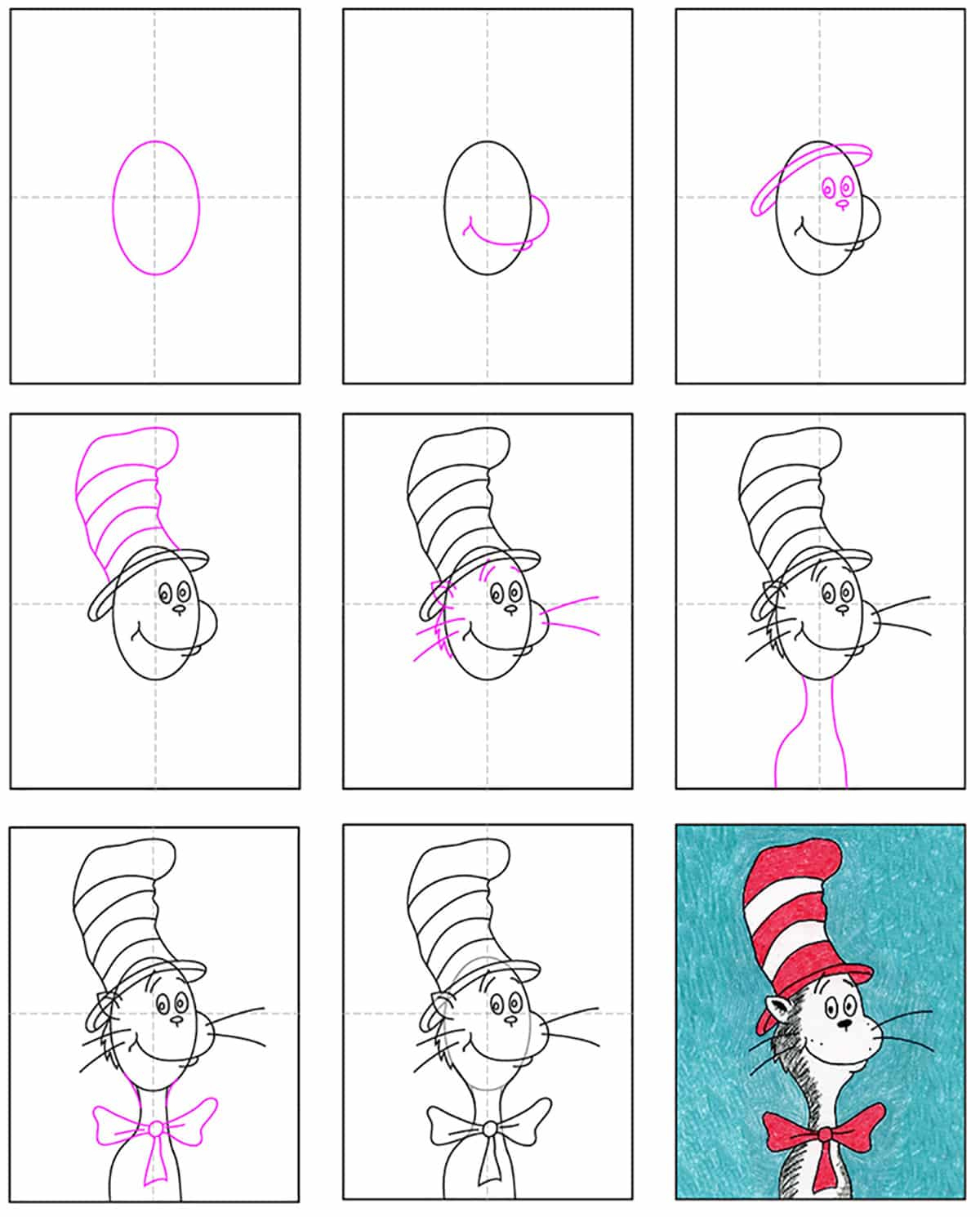 How To Draw The Cat In The Hat - Directed Drawing For Elementary in Cat In The Hat Printable Face