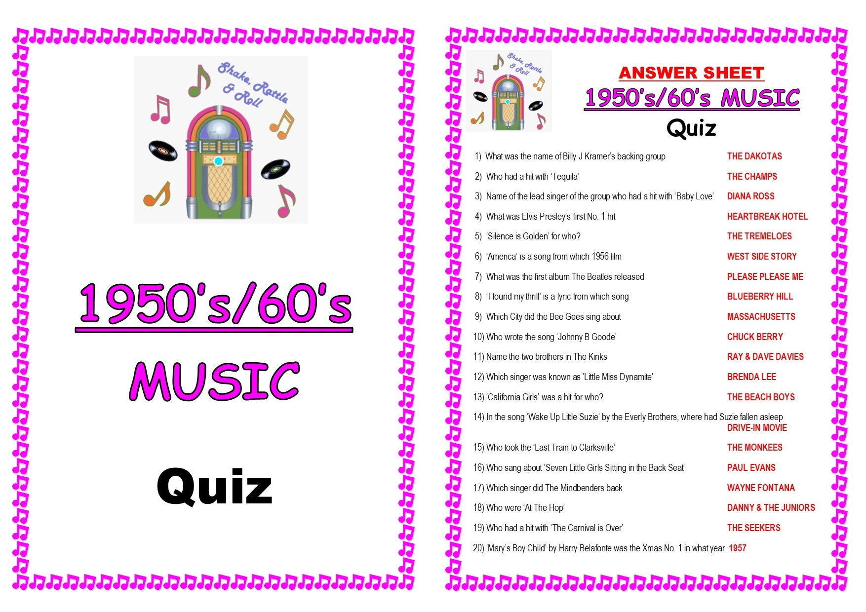 Instant Download Printable Pdf - 1950'S/60'S Music Trivia Quiz for 1960'S Trivia Questions And Answers Printable