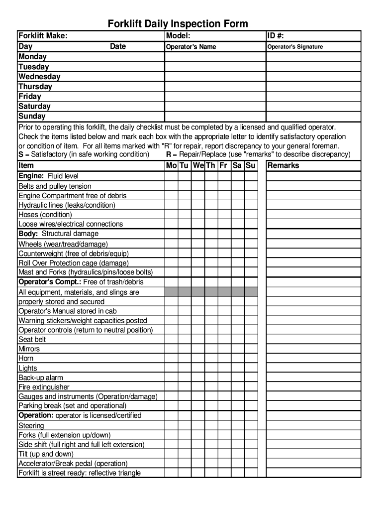 Intel Forklift Daily Inspection Form - Fill Online, Printable throughout Printable Free Weekly Forklift Inspection Checklist Template