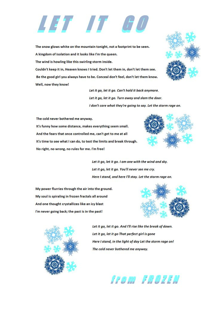 Let It Go Lyrics - Frozen Song inside Let It Go Song Lyrics Printable