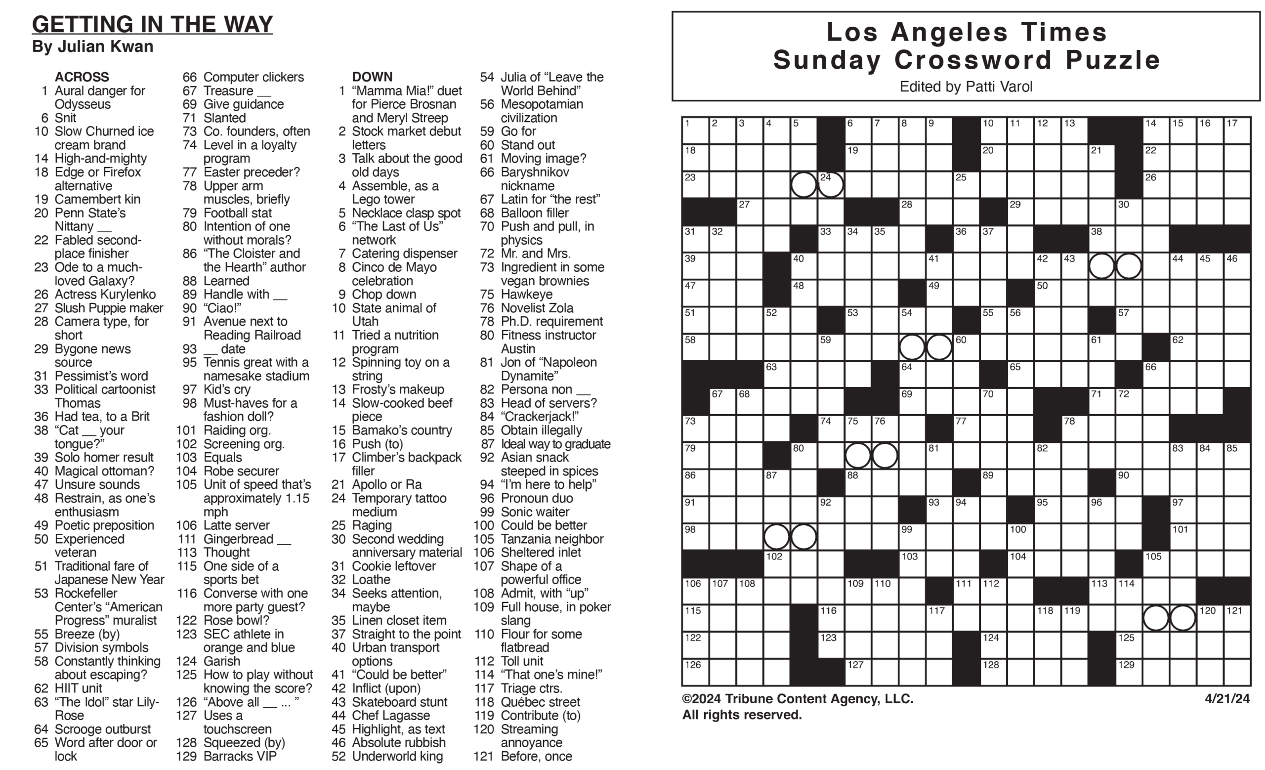 Los Angeles Times Sunday Crossword Puzzle | Tribune Content inside L a Times Printable Crossword Puzzles