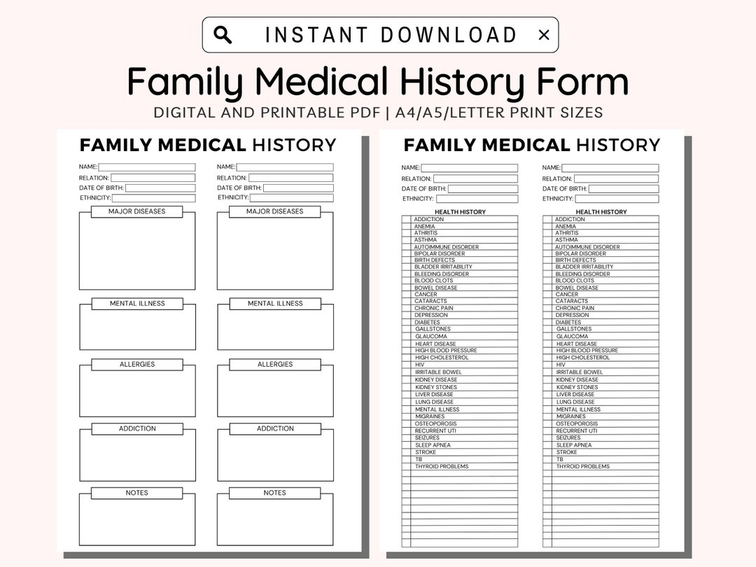 Medical History Form Printable, Family Medical History Form throughout Printable Family Medical History Form Template