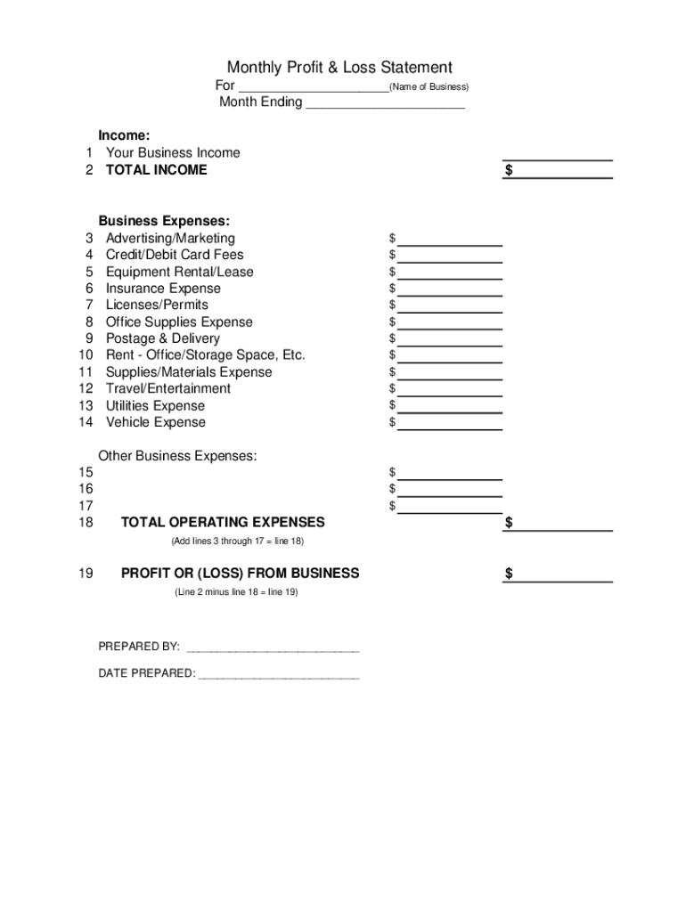 Monthly Profit Loss Statement Form - Fill Online, Printable with Free Printable Profit and Loss Statement