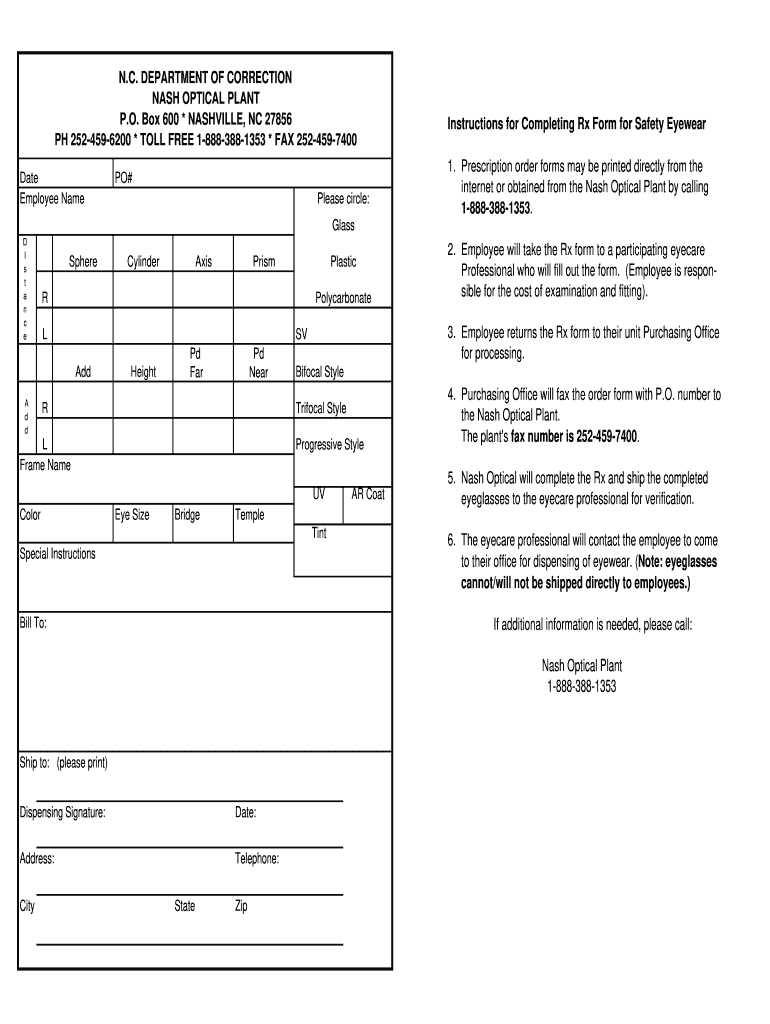 Nc Rx Form For Safety Eyewear - Fill Online, Printable, Fillable with regard to Printable Contact Lens Prescription Template