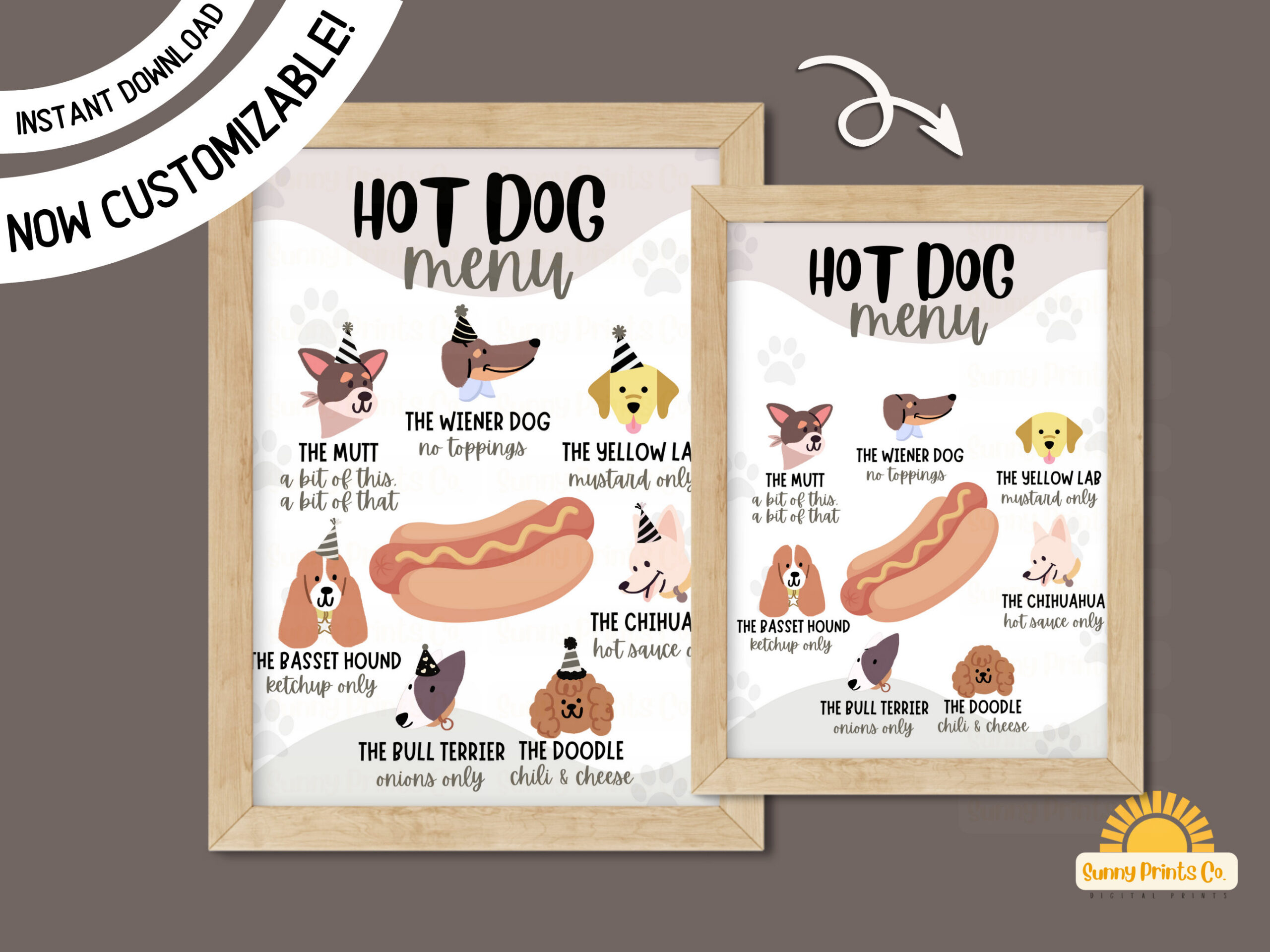 New! Hot Dog Bar Menu Sign, Printable, Birthday Party, Puppy within Hot Dog Bar Menu Printables