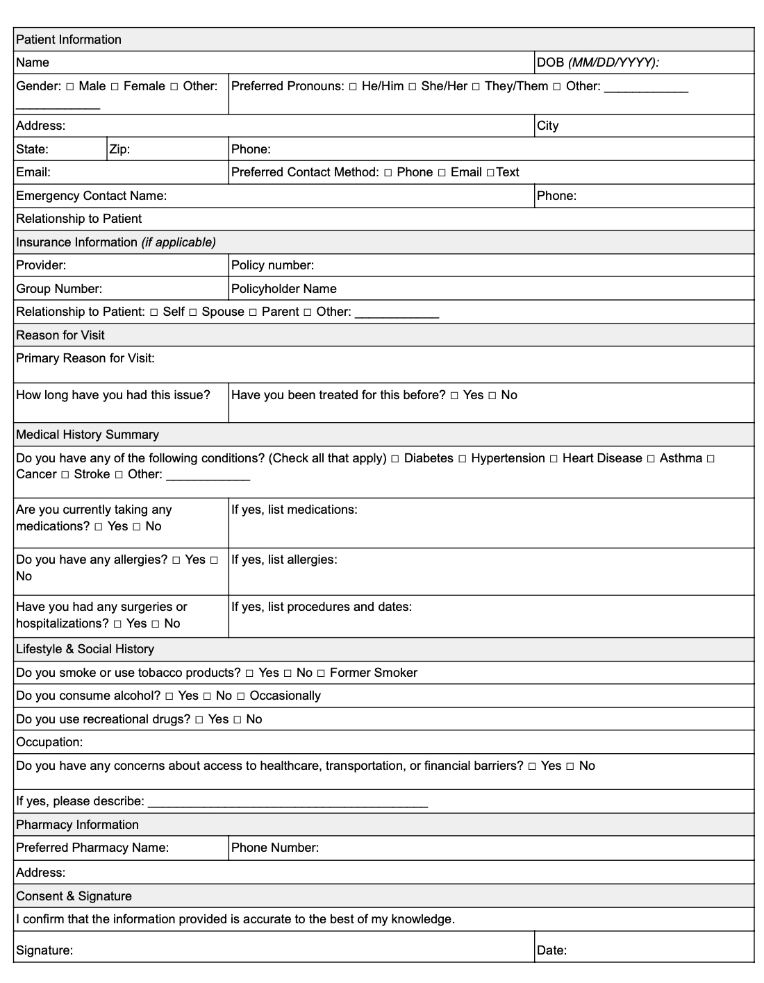 New Patient Intake Form Template [Free Download] for Printable Client Intake Form Template