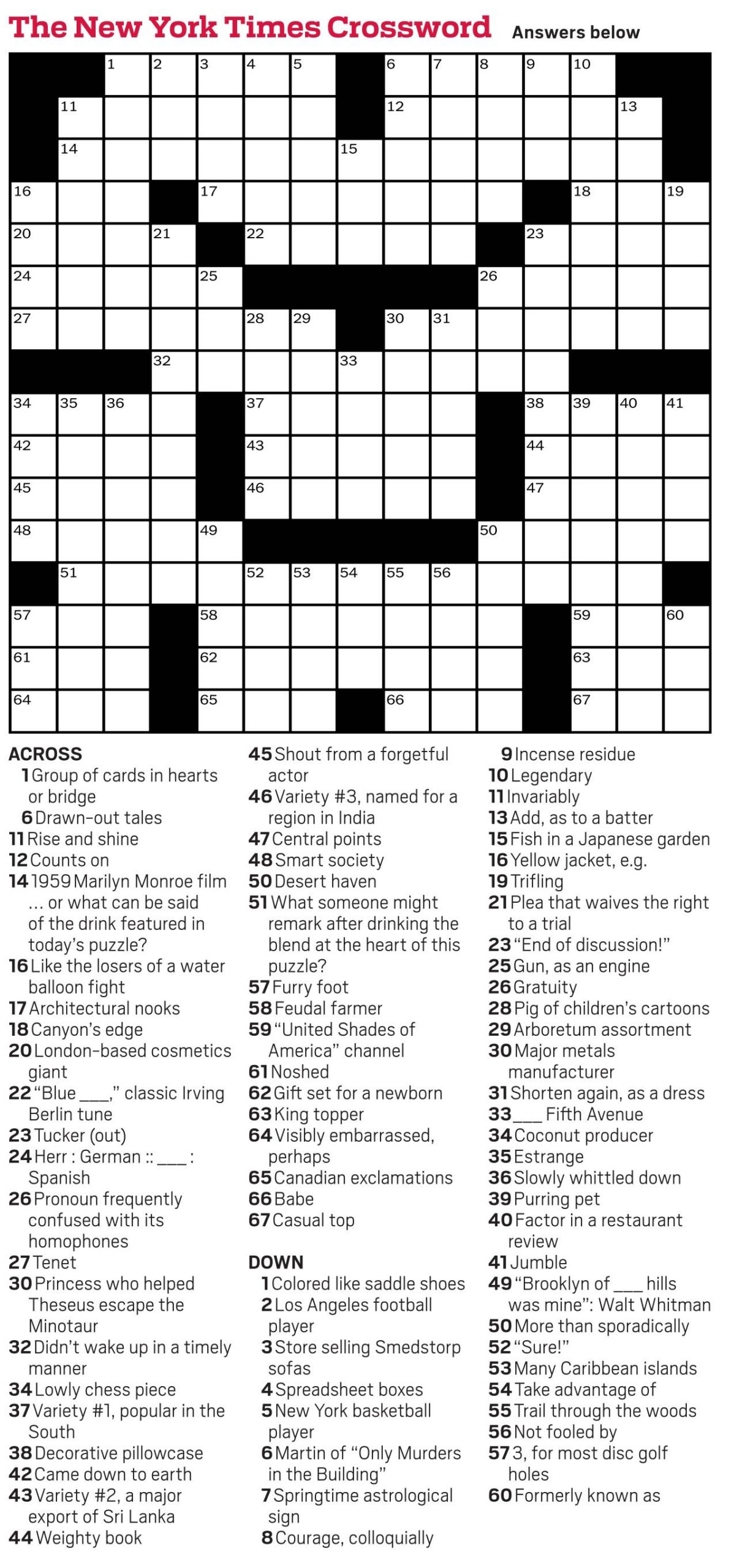 New York Times Daily Crossword - Puzzles in Daily Crossword Puzzle Answers Today Printable