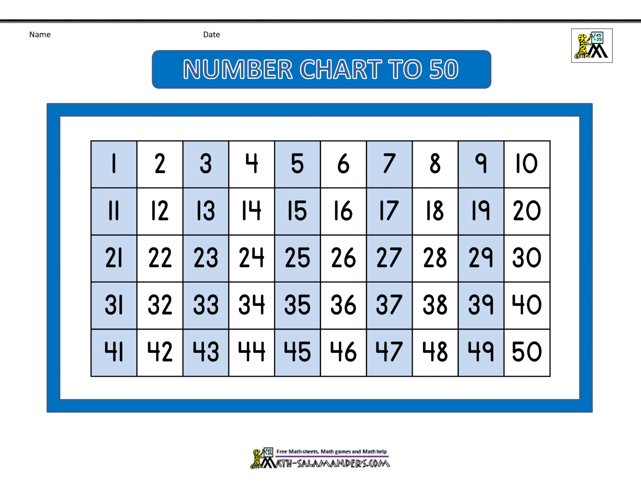 Number Chart To 50 throughout Printable Number Chart 1 50