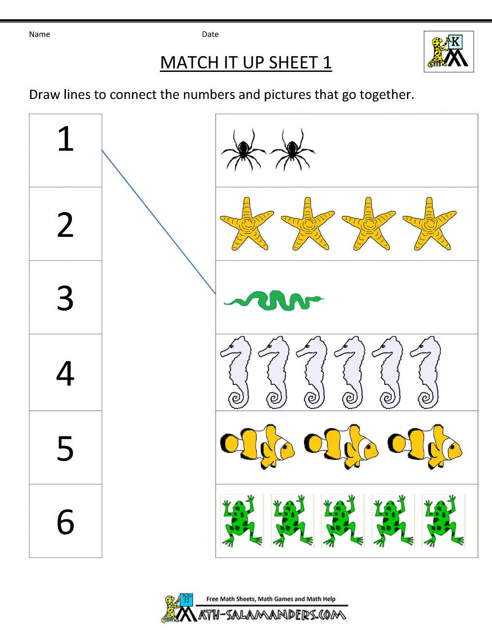 Number Matching Worksheets 1-10 inside Mathematics Printable Worksheets For Kindergarten