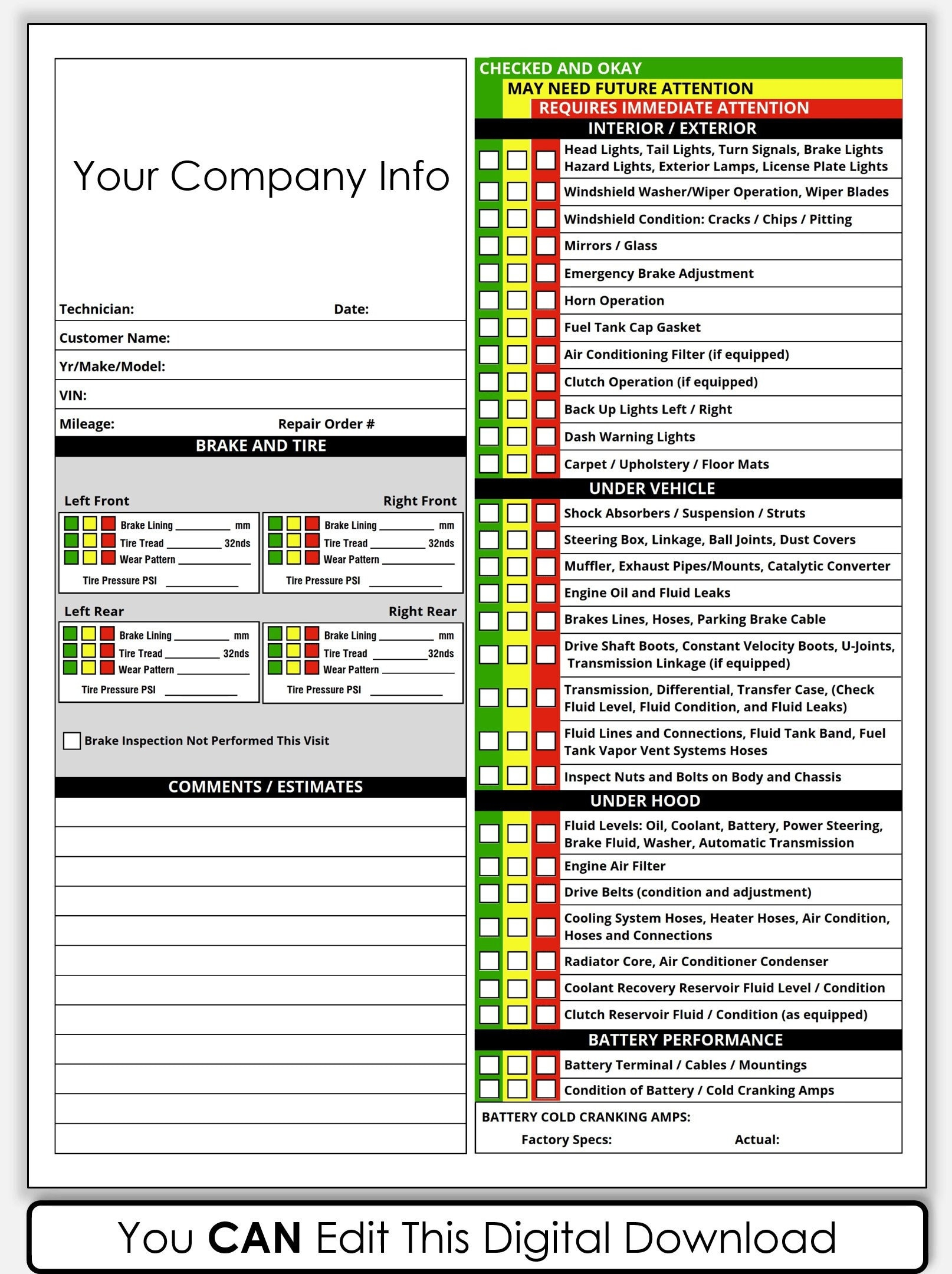 Pdf Printable Vehicle Inspection Report, Canva Template Editable pertaining to Pdf Printable Vehicle Inspection Checklist