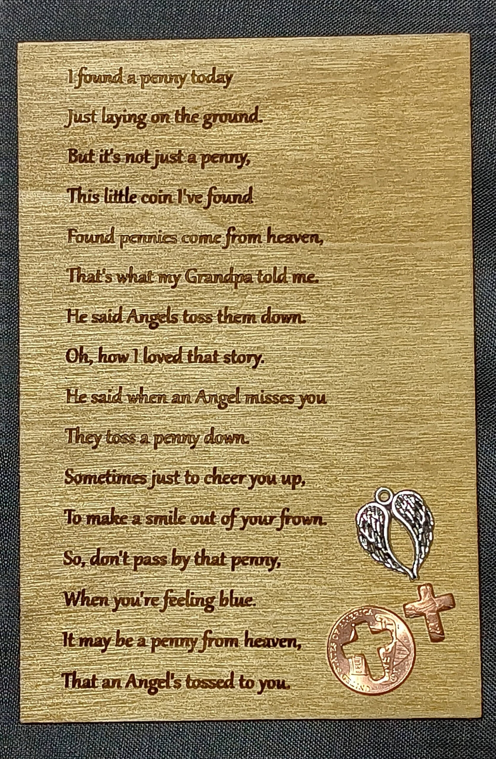 Pennies From Heaven Wood Burned Poem With Cross Cut Penny And inside Pennies From Heaven Poem Printable