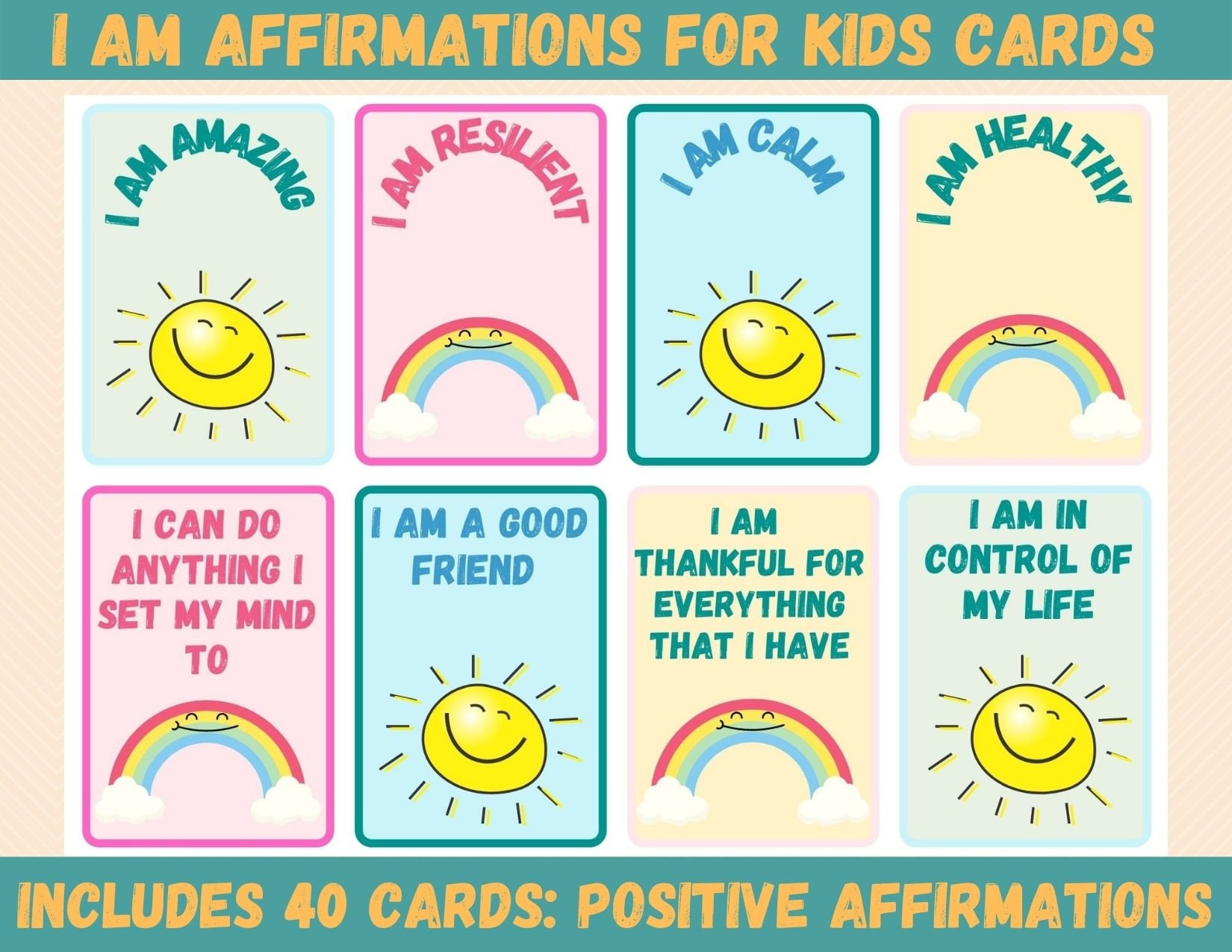 Positive Affirmation Cards For Kids / 40 Affirmations Printable within Positive Affirmations For Kids Printable