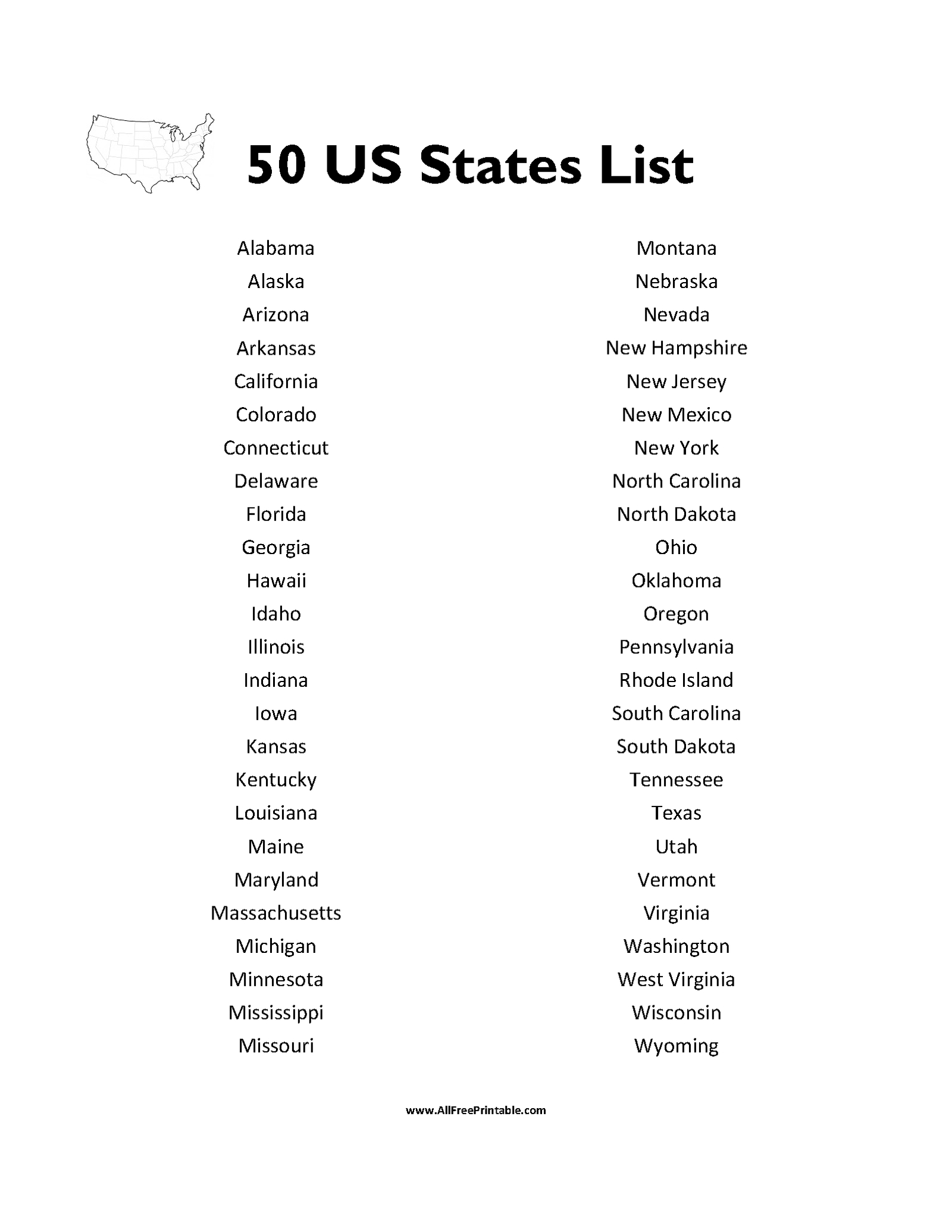 Print 50 States List – Free Printable with regard to List Of The 50 States Printable