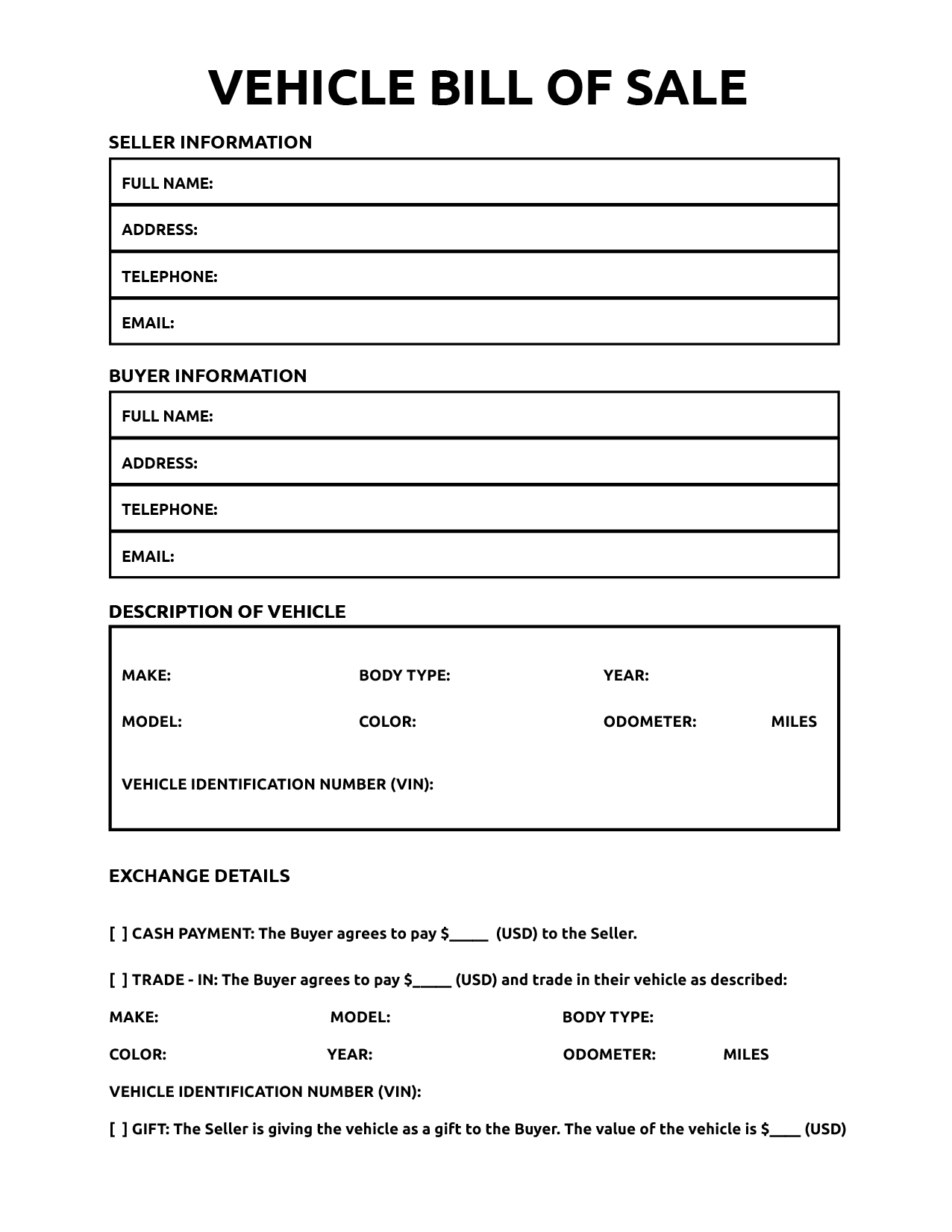 Printable Bill Of Sale For Vehicle - World Of Printables within Blank Printable Bill Of Sale For Car