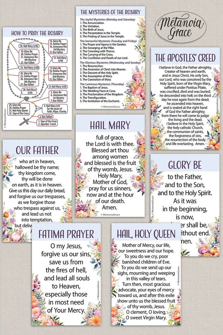 Printable Catholic Rosary Prayer Cards Set, How To Pray The Rosary for Prayers of the Rosary Printable