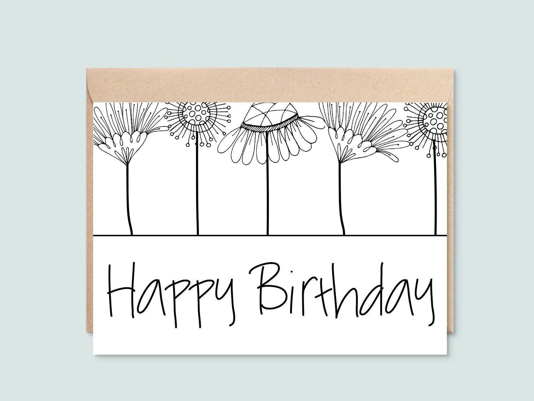 Printable Happy Birthday Card, Black And White Floral Line Art inside Printable Birthday Cards Black And White