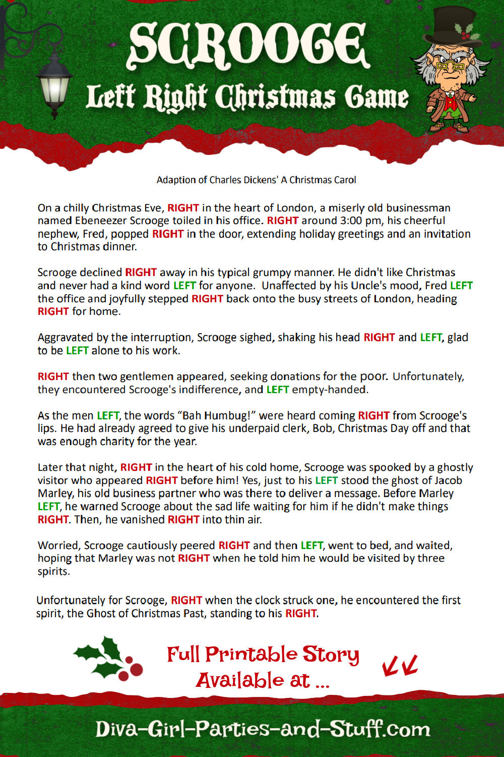 Printable Left Right Christmas Game Story Of Scrooge with regard to Right Left Christmas Game Printable