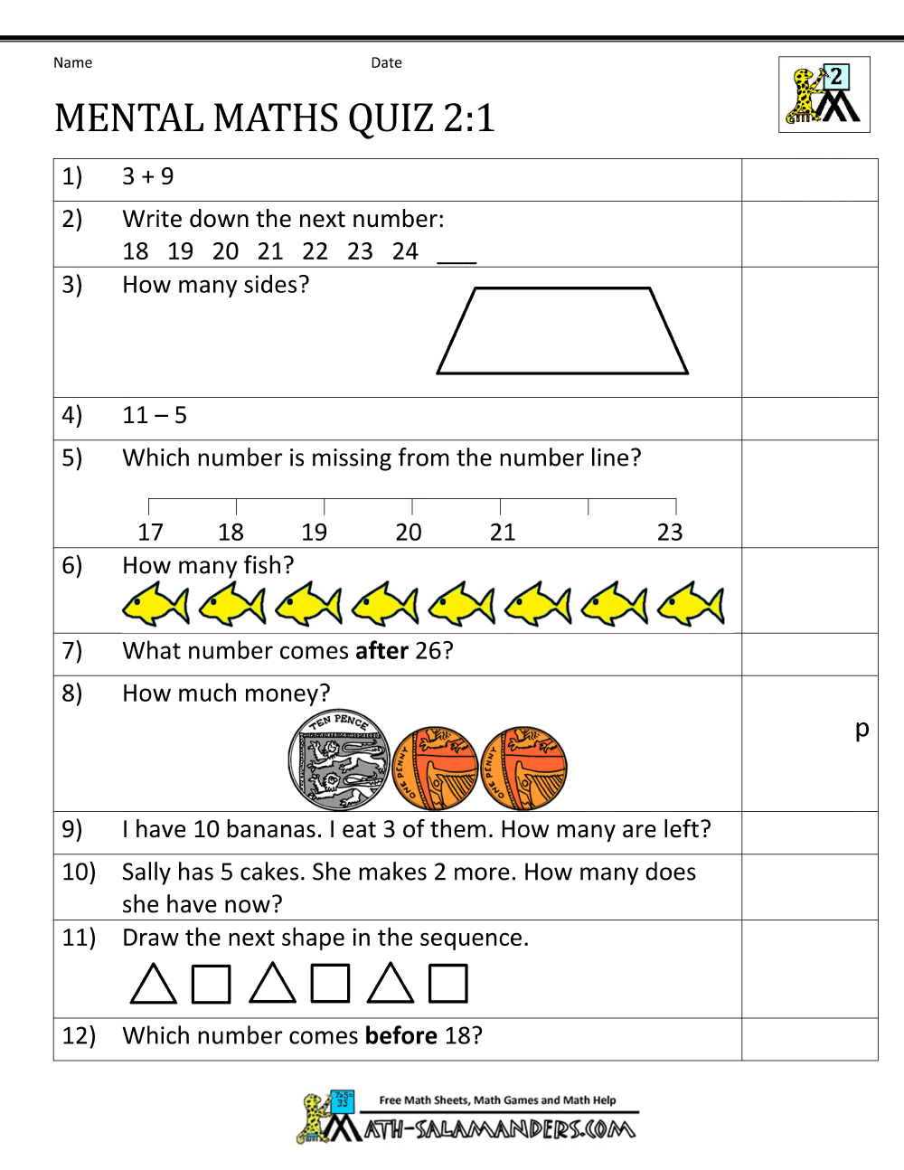 Printable Mental Maths Year 2 Worksheets throughout Free Printable Diagnostic Math Assessment